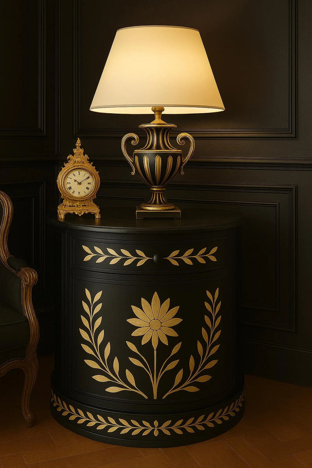 Handmade Green Bone Inlay End Table | Gold Floral Nightstand | Stylish Decorative Table for Modern Home Décor