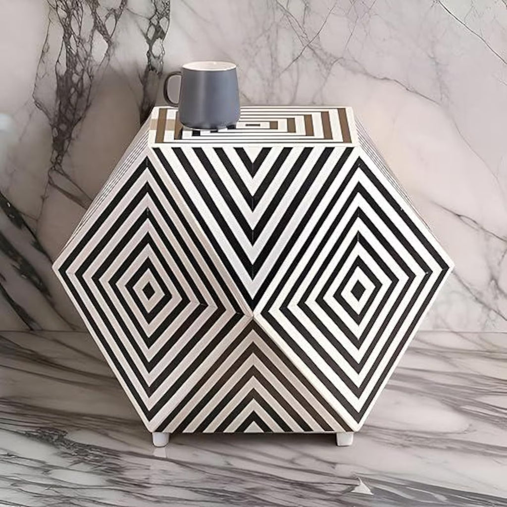 Handmade Hexagon Resin Inlay Side Table | Black & White Accent Table | Stylish Modern Furniture for Home Décor