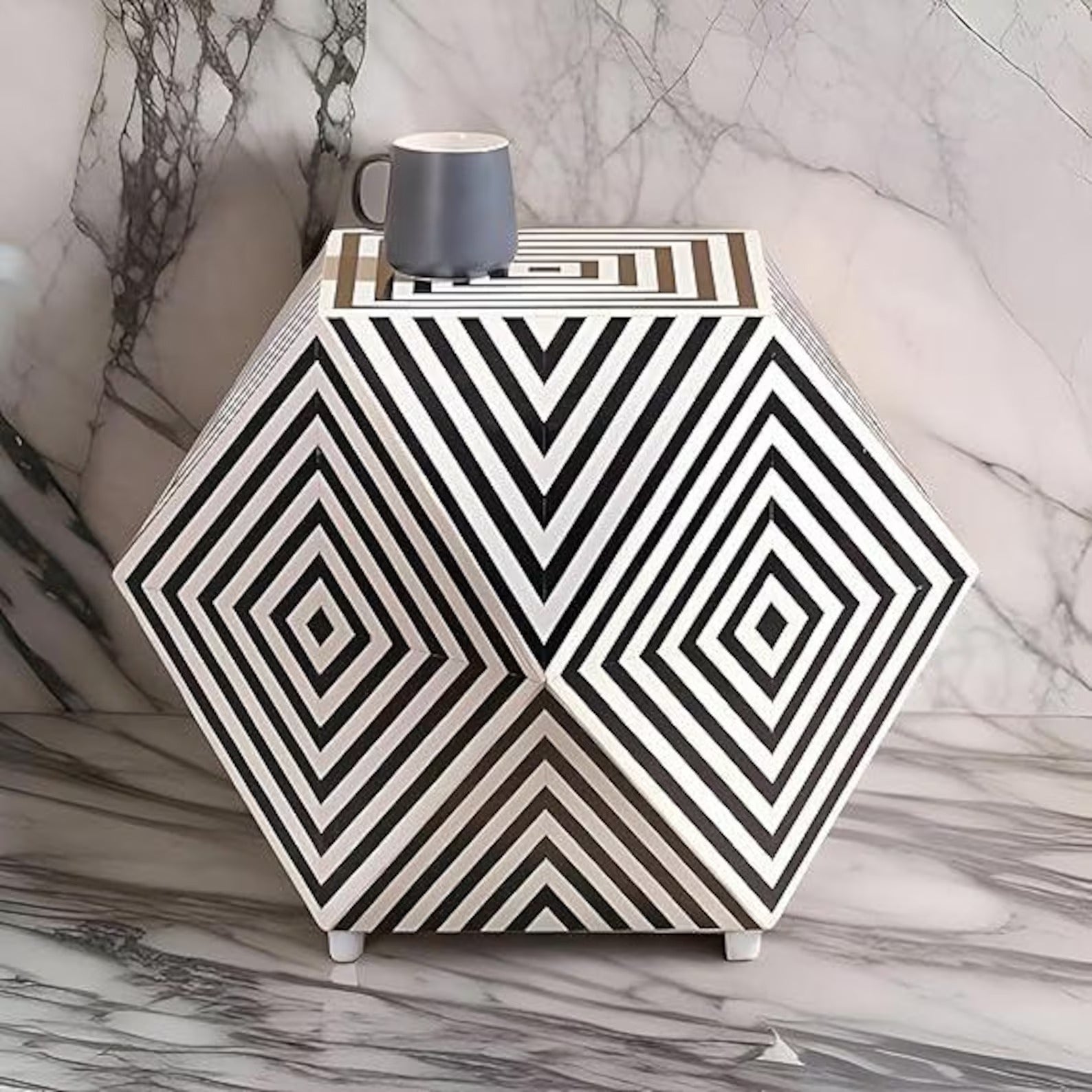 Handmade Hexagon Resin Inlay Side Table | Black & White Accent Table | Stylish Modern Furniture for Home Décor
