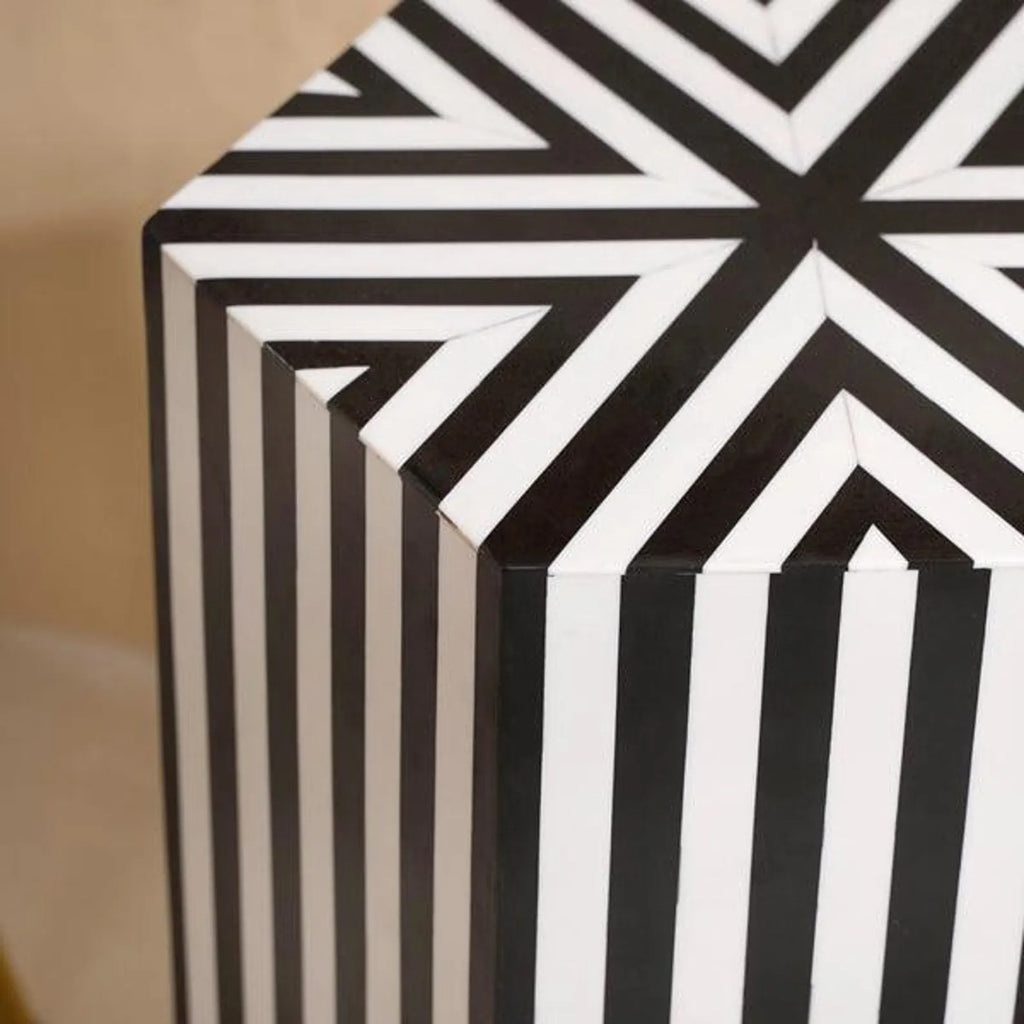 Handmade Resin Inlay End Table | Black & White Striped Accent Table | Stylish Decorative Furniture for Modern Homes