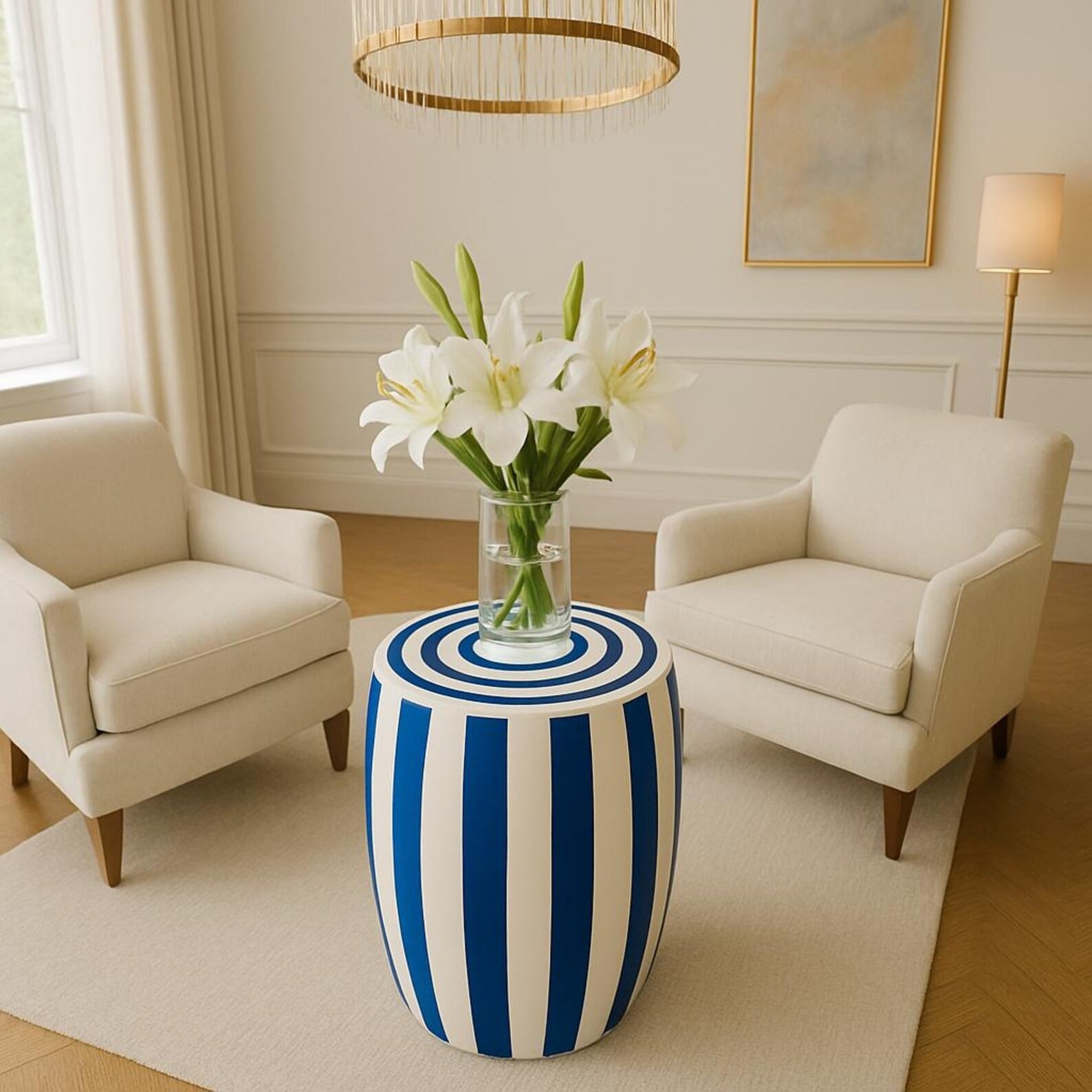 Blue & White Striped Resin End Table | Handmade Modern Accent Table | Stylish Decorative Furniture for Home Décor