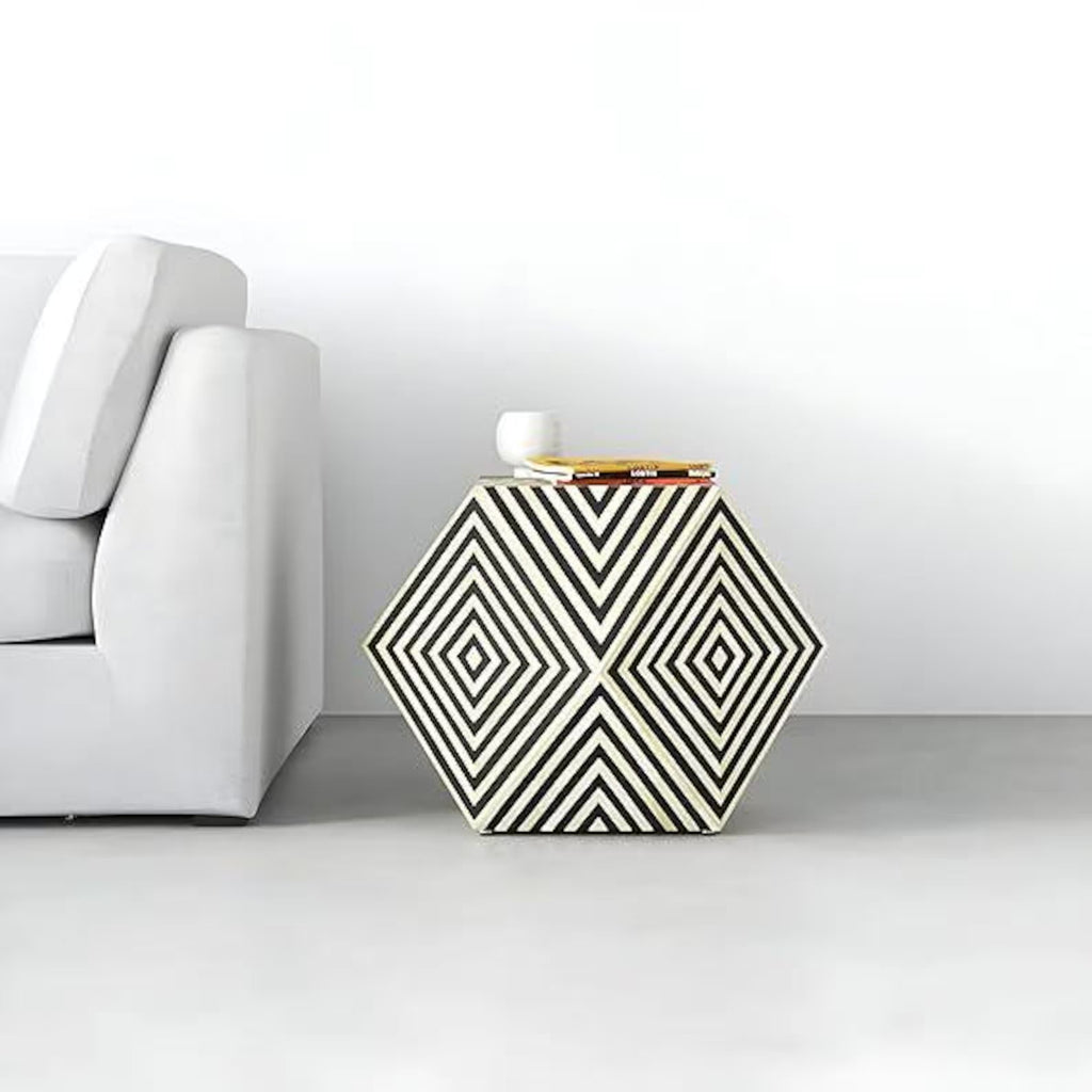 Handmade Hexagon Resin Inlay Side Table | Black & White Accent Table | Stylish Modern Furniture for Home Décor