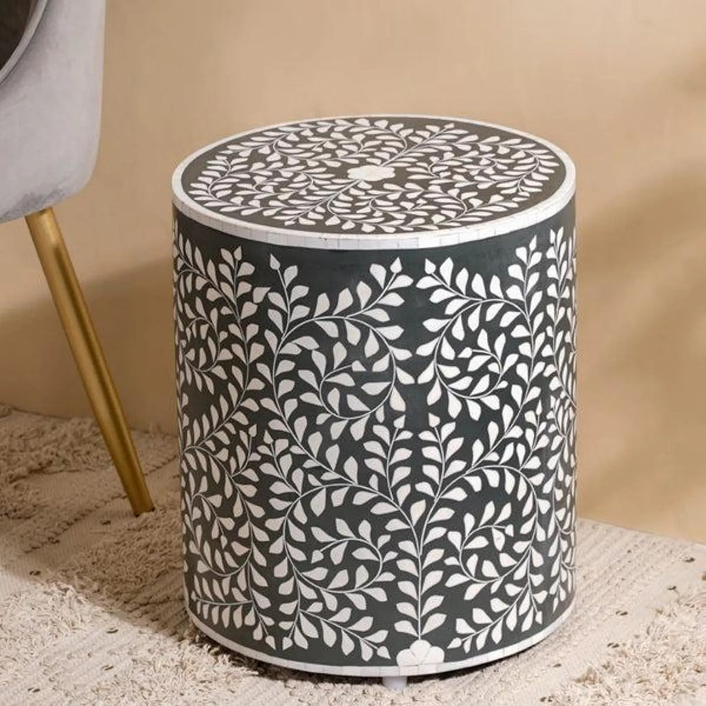 Handmade Bone Inlay Floral Resin End Table | Stylish Side Table | Decorative Furniture for Modern Homes