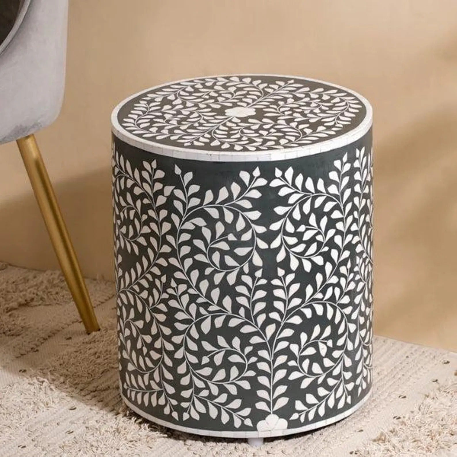 Handmade Bone Inlay Floral Resin End Table | Stylish Side Table | Decorative Furniture for Modern Homes