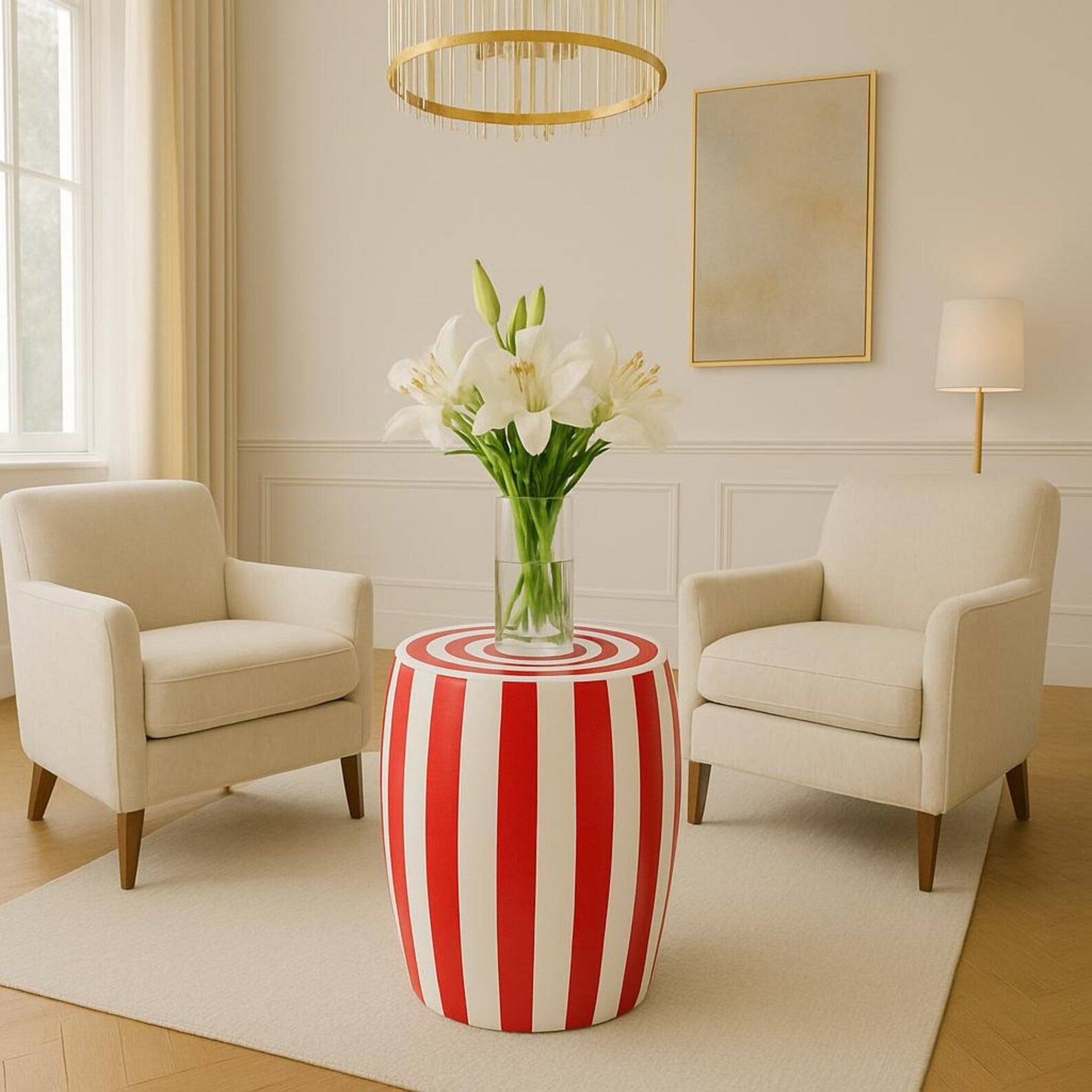 Blue & White Striped Resin End Table | Handmade Modern Accent Table | Stylish Decorative Furniture for Home Décor
