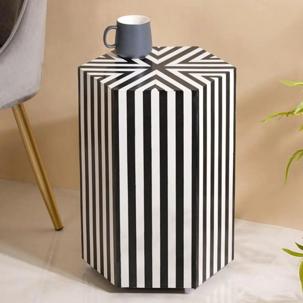 Handmade Resin Inlay End Table | Black & White Striped Accent Table | Stylish Decorative Furniture for Modern Homes