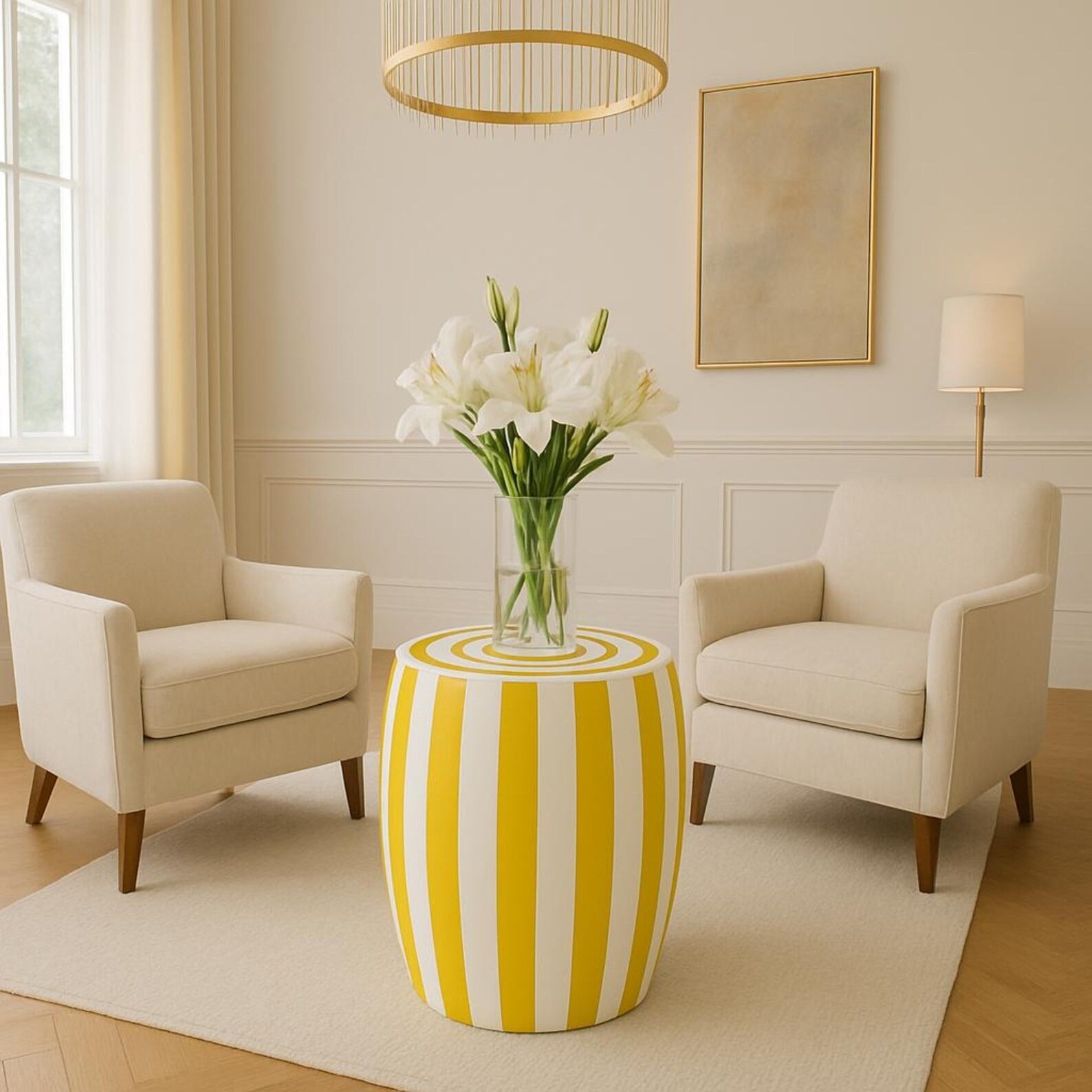 Blue & White Striped Resin End Table | Handmade Modern Accent Table | Stylish Decorative Furniture for Home Décor