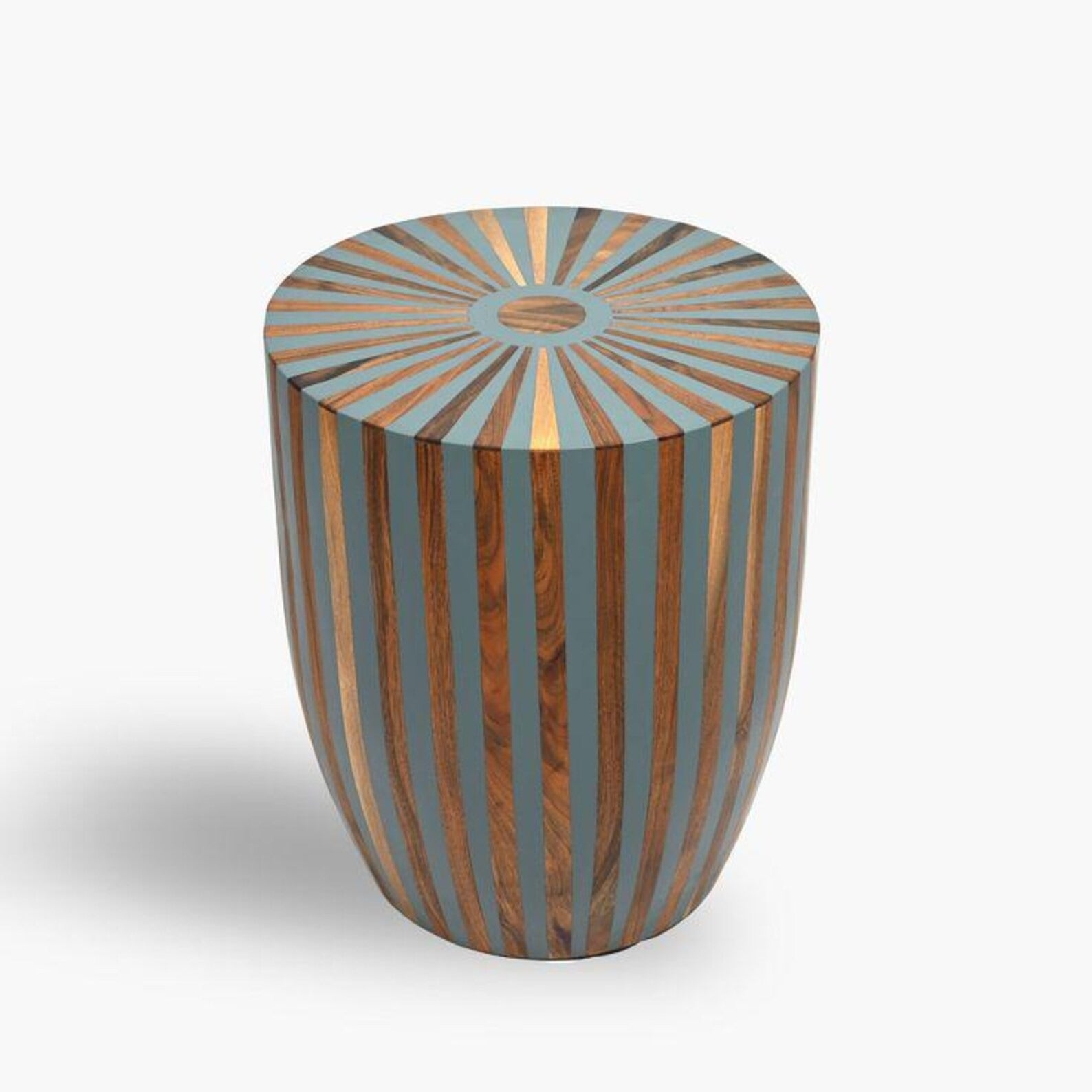 Moroccan Walnut Resin Inlay Side Table | Barrel-Shaped Handmade Accent Table | Contemporary Decorative Furniture Piece
