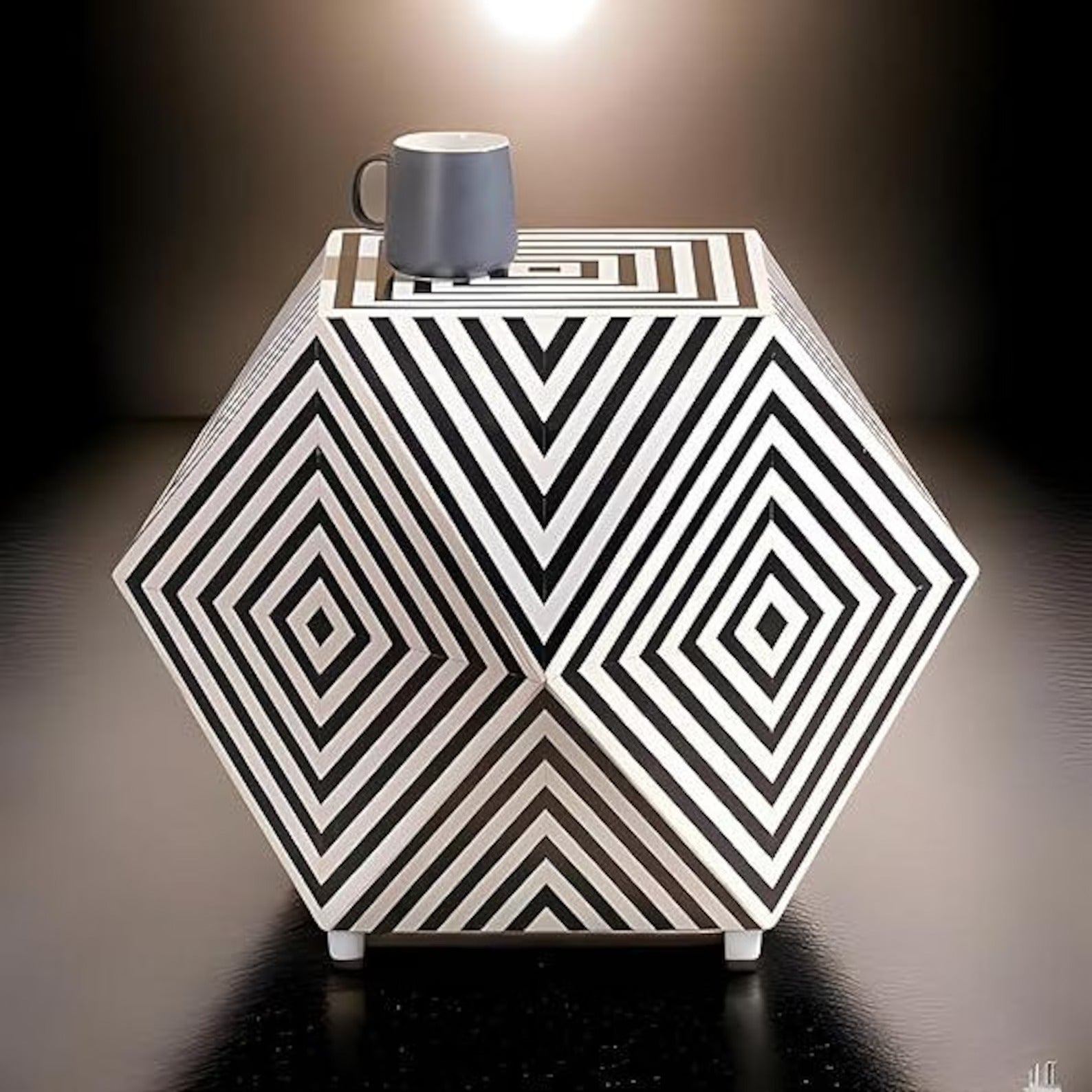 Handmade Hexagon Resin Inlay Side Table | Black & White Accent Table | Stylish Modern Furniture for Home Décor