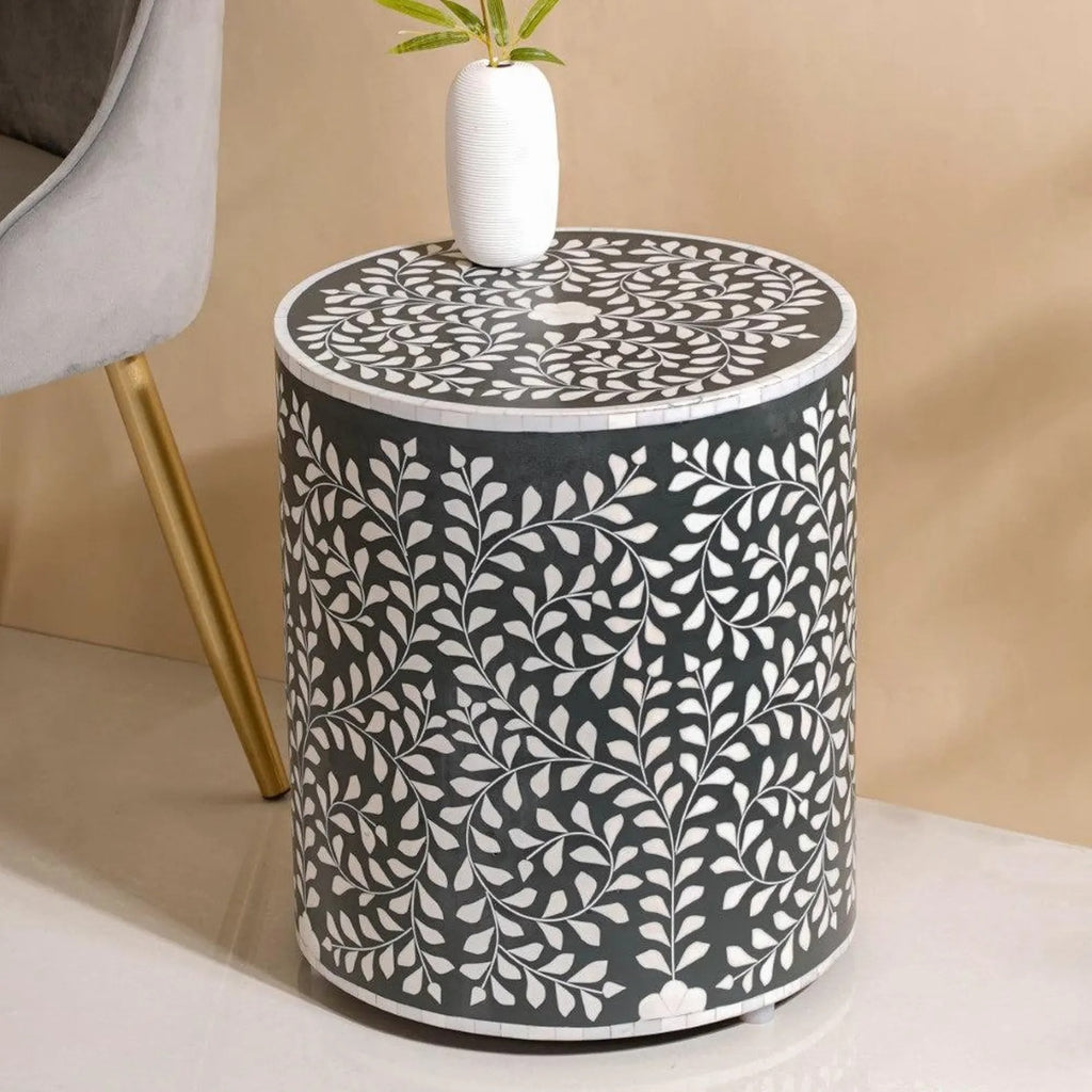 Handmade Bone Inlay Floral Resin End Table | Stylish Side Table | Decorative Furniture for Modern Homes