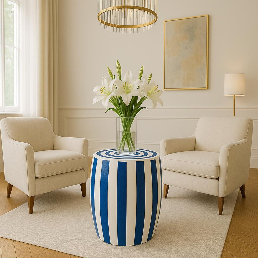 Blue & White Striped Resin End Table | Handmade Modern Accent Table | Stylish Decorative Furniture for Home Décor