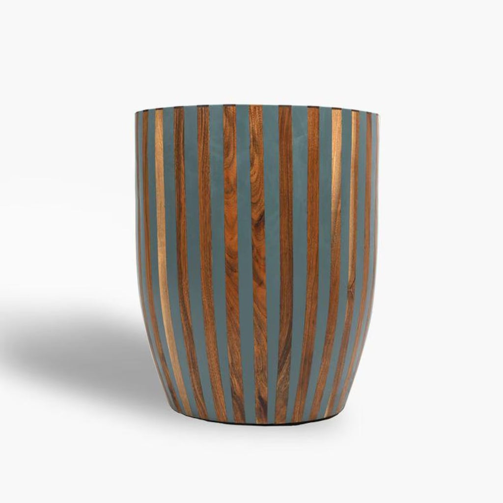 Moroccan Walnut Resin Inlay Side Table | Barrel-Shaped Handmade Accent Table | Contemporary Decorative Furniture Piece