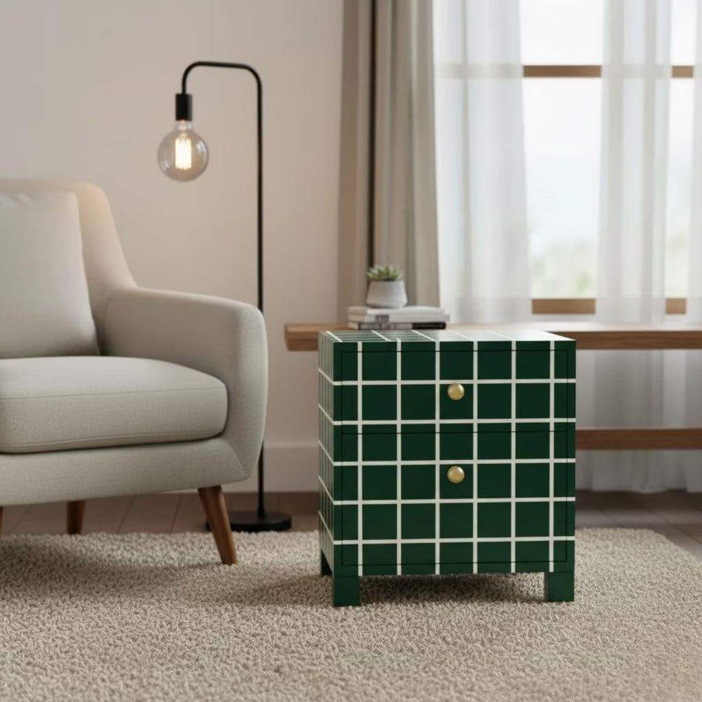 Bone Inlay Resin Nightstand | Handmade End Table | Premium Indian Furniture for Bedroom & Living Room