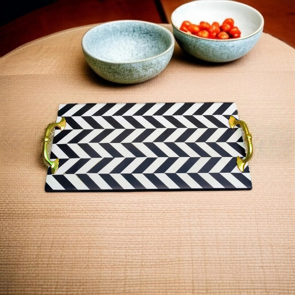 Black & White Resin Serving Tray with Gold Handles | Stylish Home Decor. Perfect for Serving, Gifting & Home Decor. Durable, Elegant & Ideal for Modern Interiors