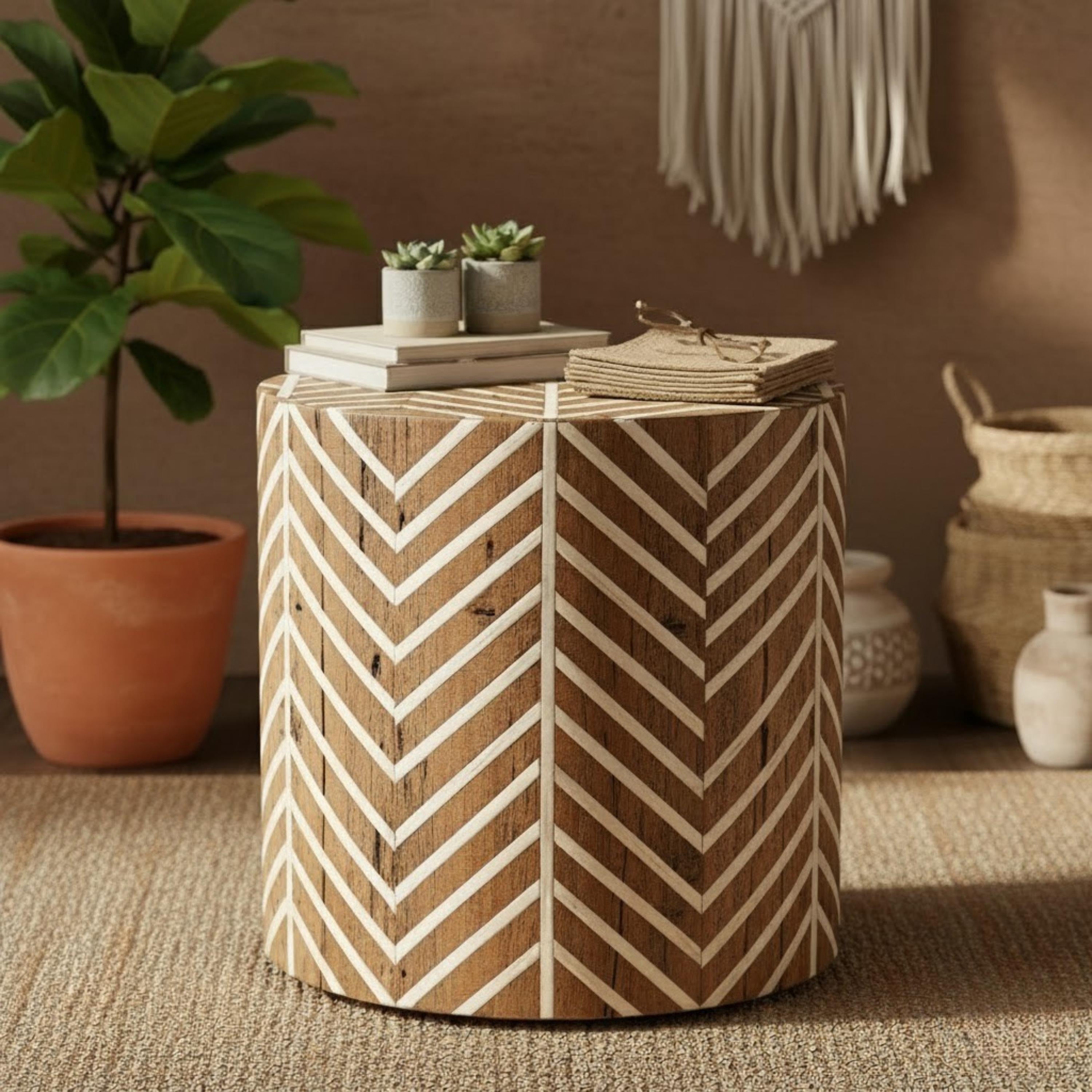 Handcrafted Bone Inlay End Table | Chevron Octagonal Side Table | Modern Decorative Accent Furniture for Home Décor