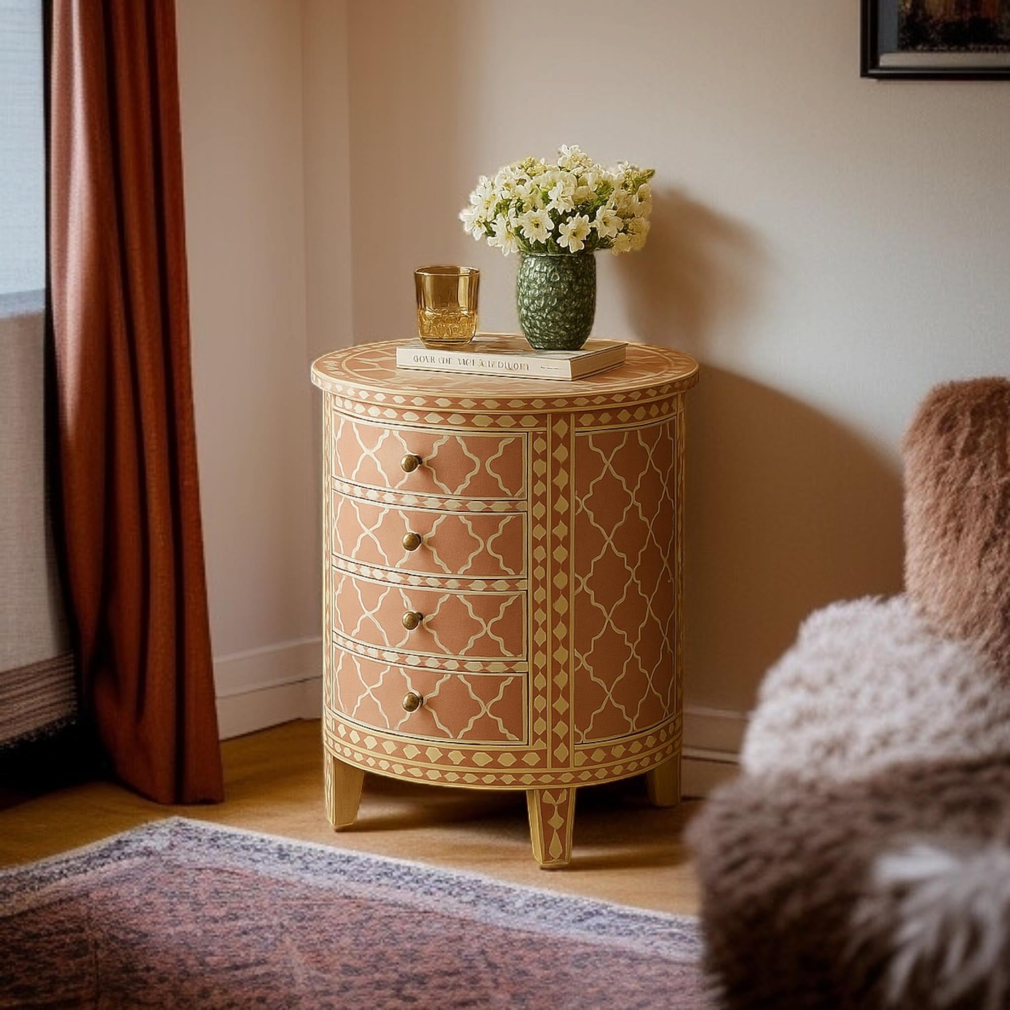 Handmade Bone Inlay Moroccan End Table | Side Cabinet with Drawers | Stylish Decorative Furniture for Modern Homes