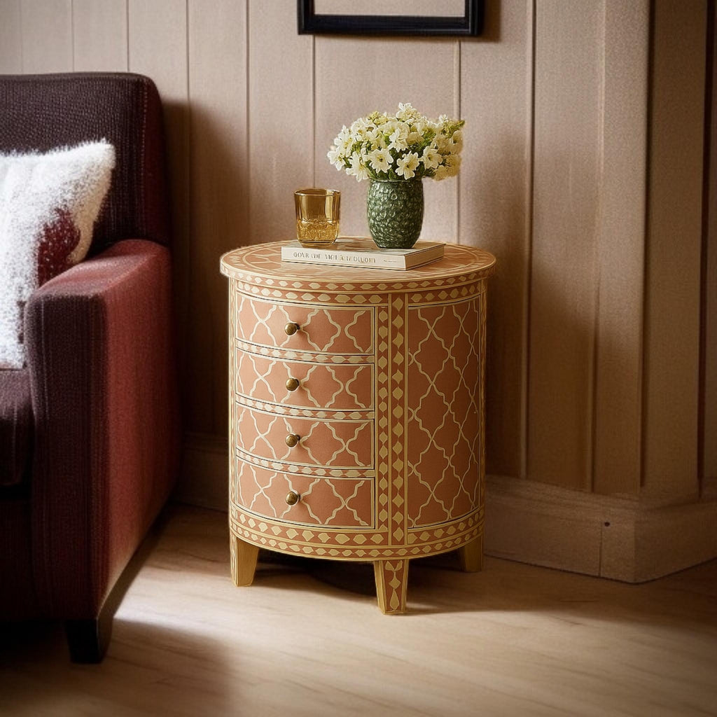 Handmade Bone Inlay Moroccan End Table | Side Cabinet with Drawers | Stylish Decorative Furniture for Modern Homes