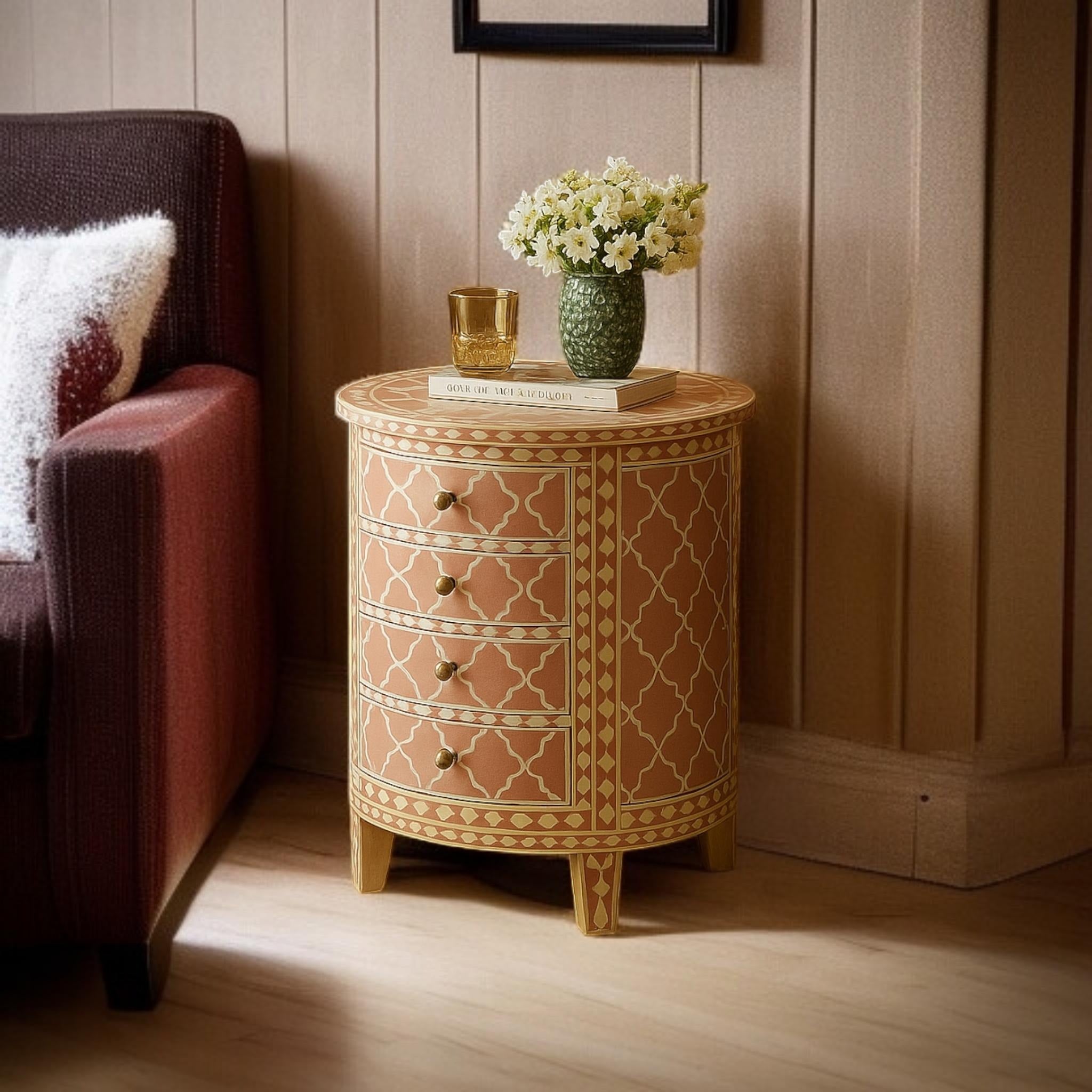 Handmade Bone Inlay Moroccan End Table | Side Cabinet with Drawers | Stylish Decorative Furniture for Modern Homes