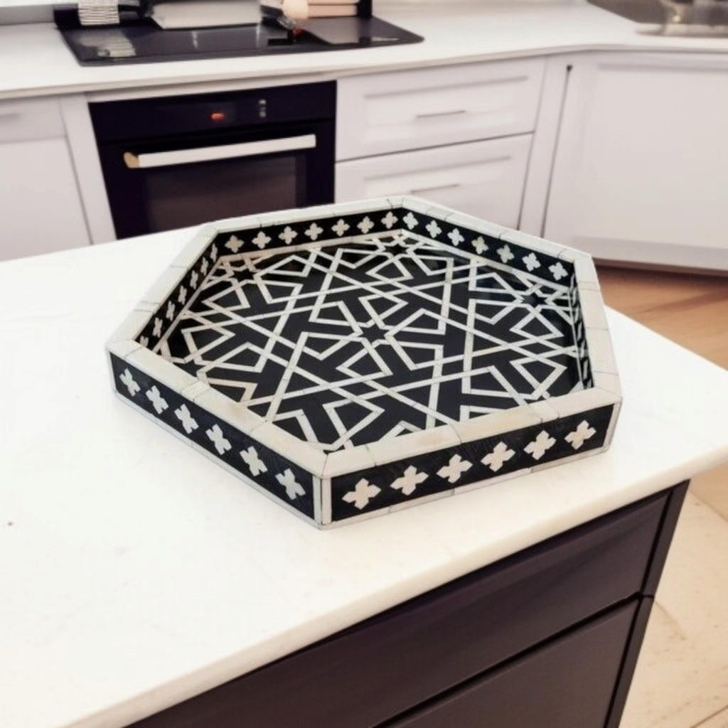 Handmade Bone Inlay Tray | Black & White Hexagon Pattern | Luxury Decorative Table Tray for Living Room, Dining & Coffee Table Styling