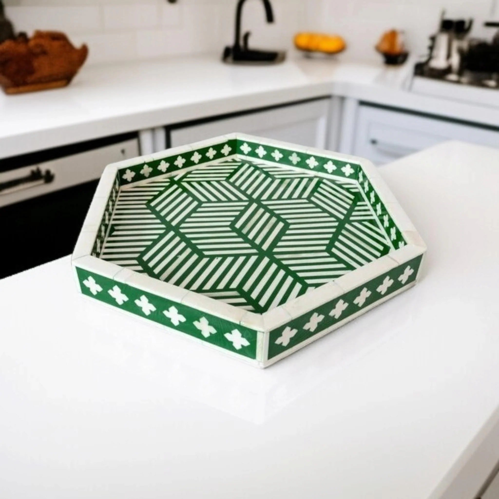 Handmade Green Bone Inlay Serving Tray | Luxury Decorative Table Tray for Home, Kitchen & Parties | Stylish Bone Inlay Accent Tray