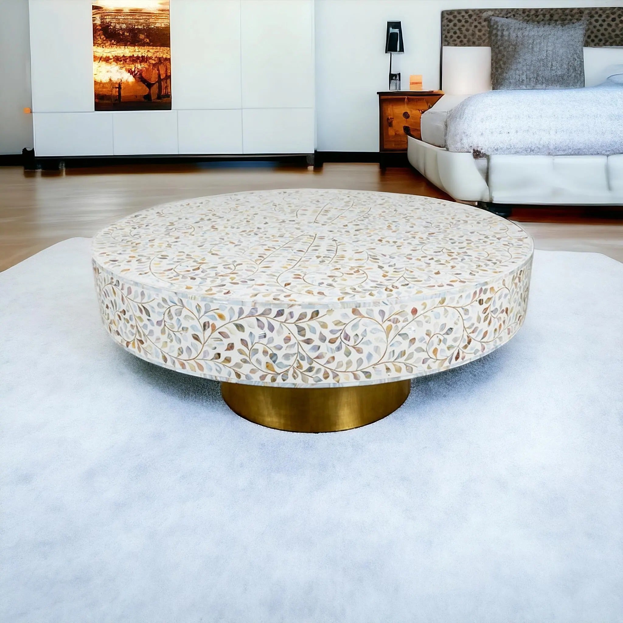MOP Inlay Resin Coffee Table | Elegant Handmade Table for Modern Living Room Décor | Luxury Mother of Pearl Accent Furniture