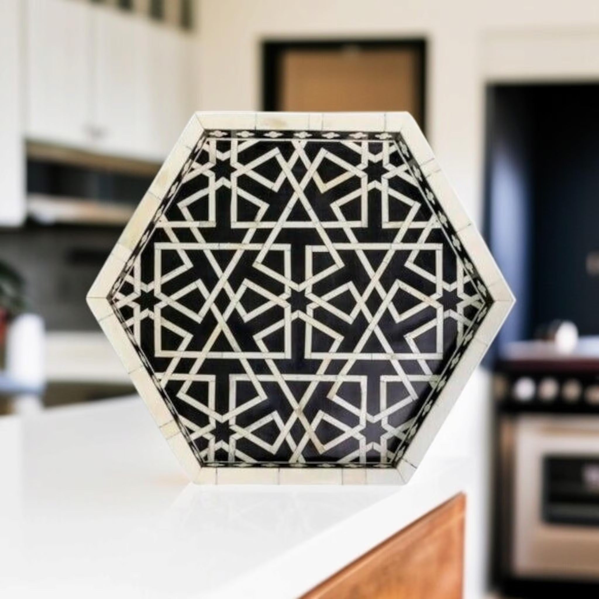 Handmade Bone Inlay Tray | Black & White Hexagon Pattern | Luxury Decorative Table Tray for Living Room, Dining & Coffee Table Styling