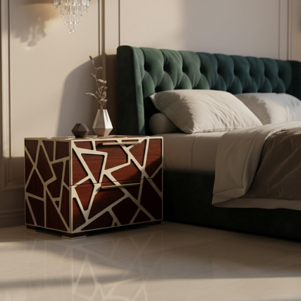 Handmade Geometric Resin Inlay Nightstand | Modern Wooden End Table | Stylish Decorative Furniture for Home Décor
