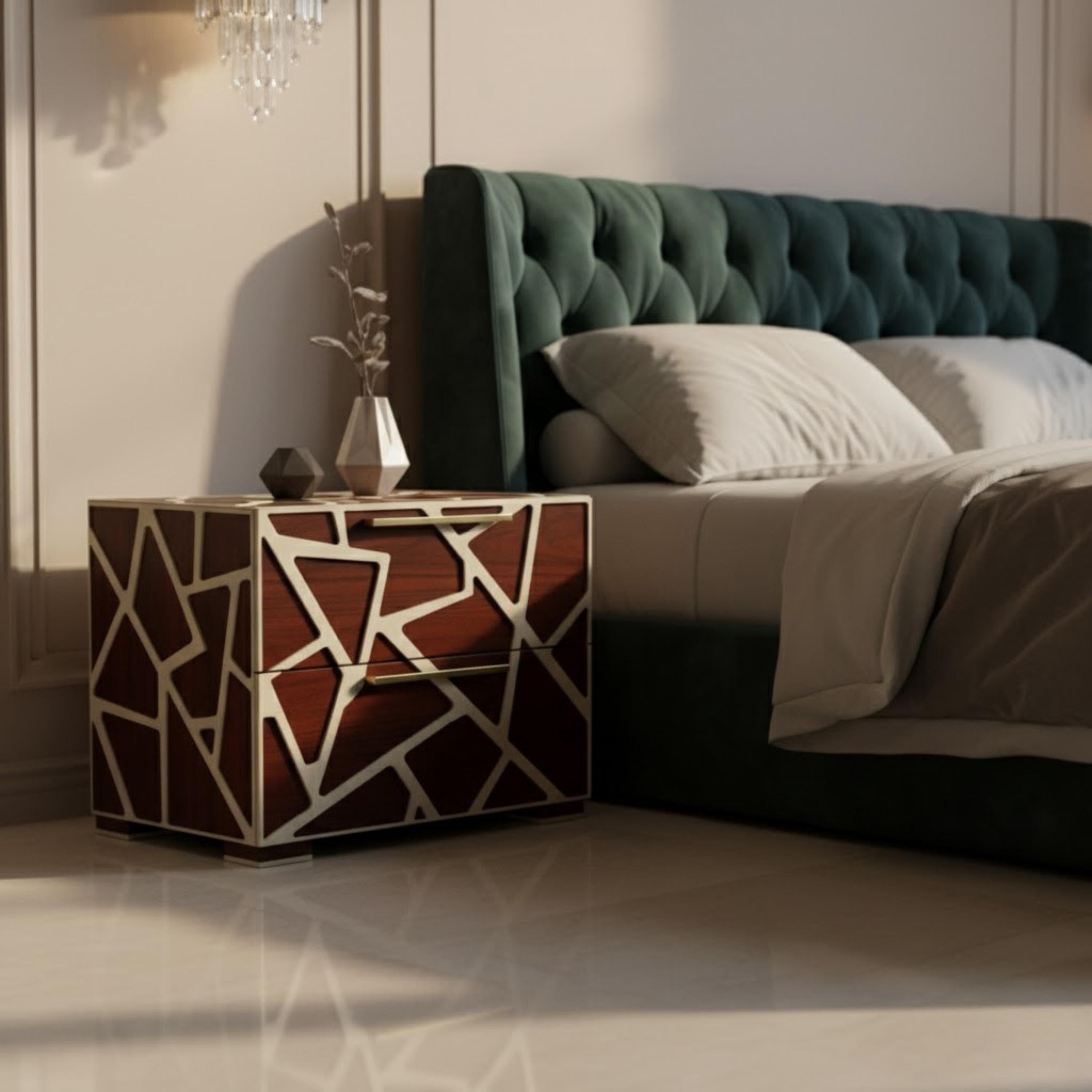 Handmade Geometric Resin Inlay Nightstand | Modern Wooden End Table | Stylish Decorative Furniture for Home Décor