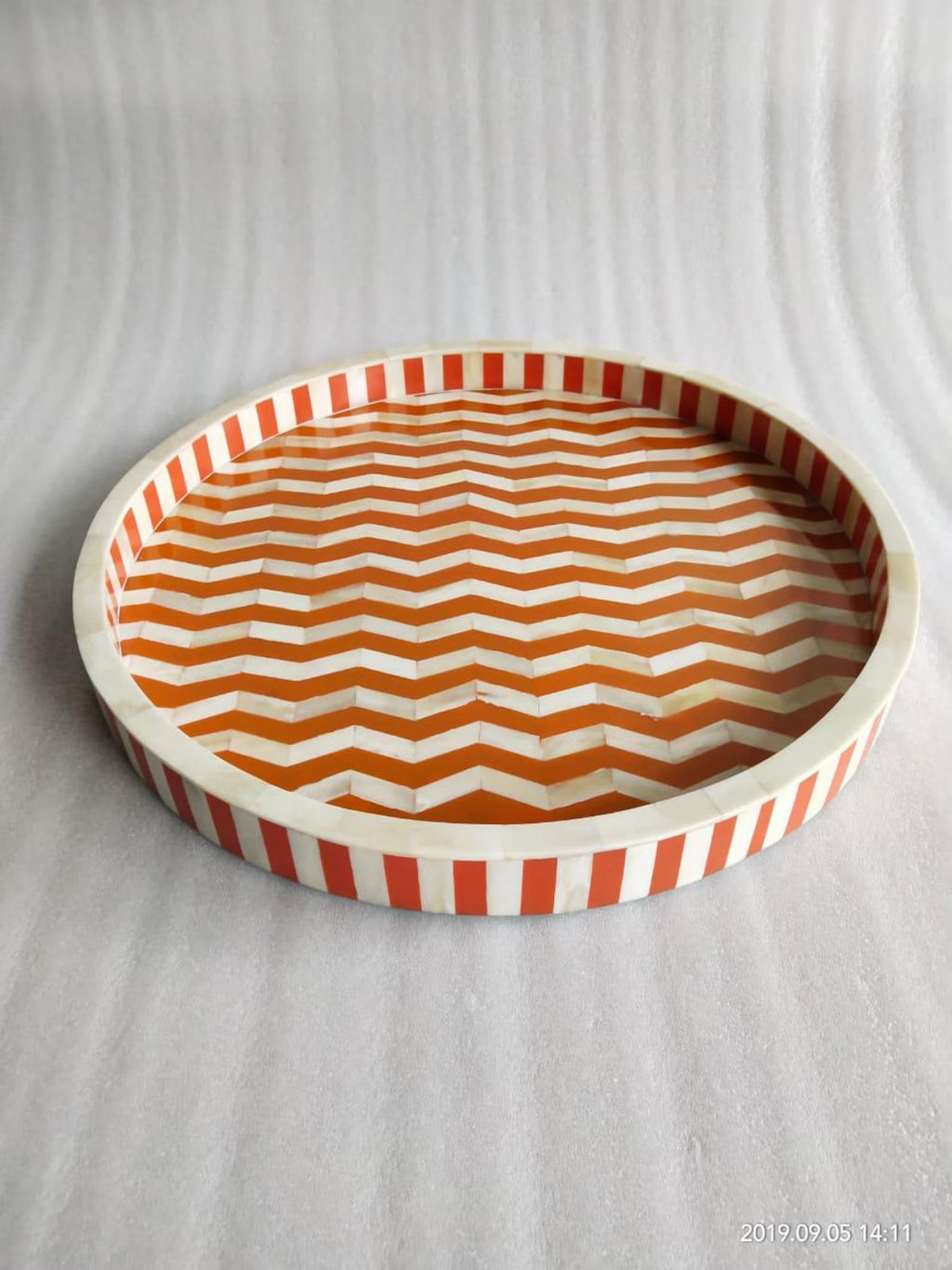 Handcrafted Bone Inlay Serving Tray | Black & White Chevron Resin Design | Stylish Decorative Table Tray