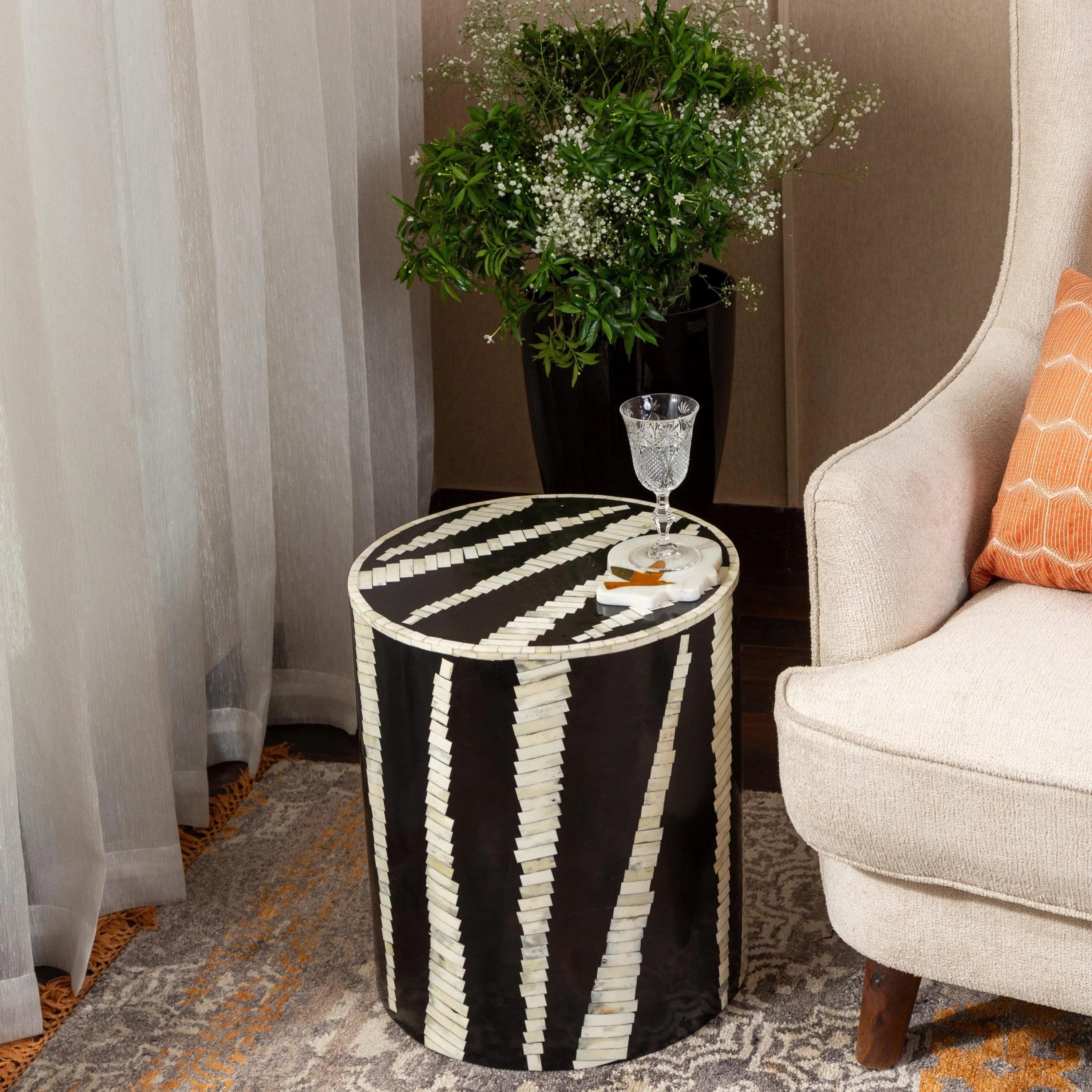 Bone and Resin Inlay End Table | Handmade Decorative Accent Table | Elegant Side Table for Bedroom & Living Room