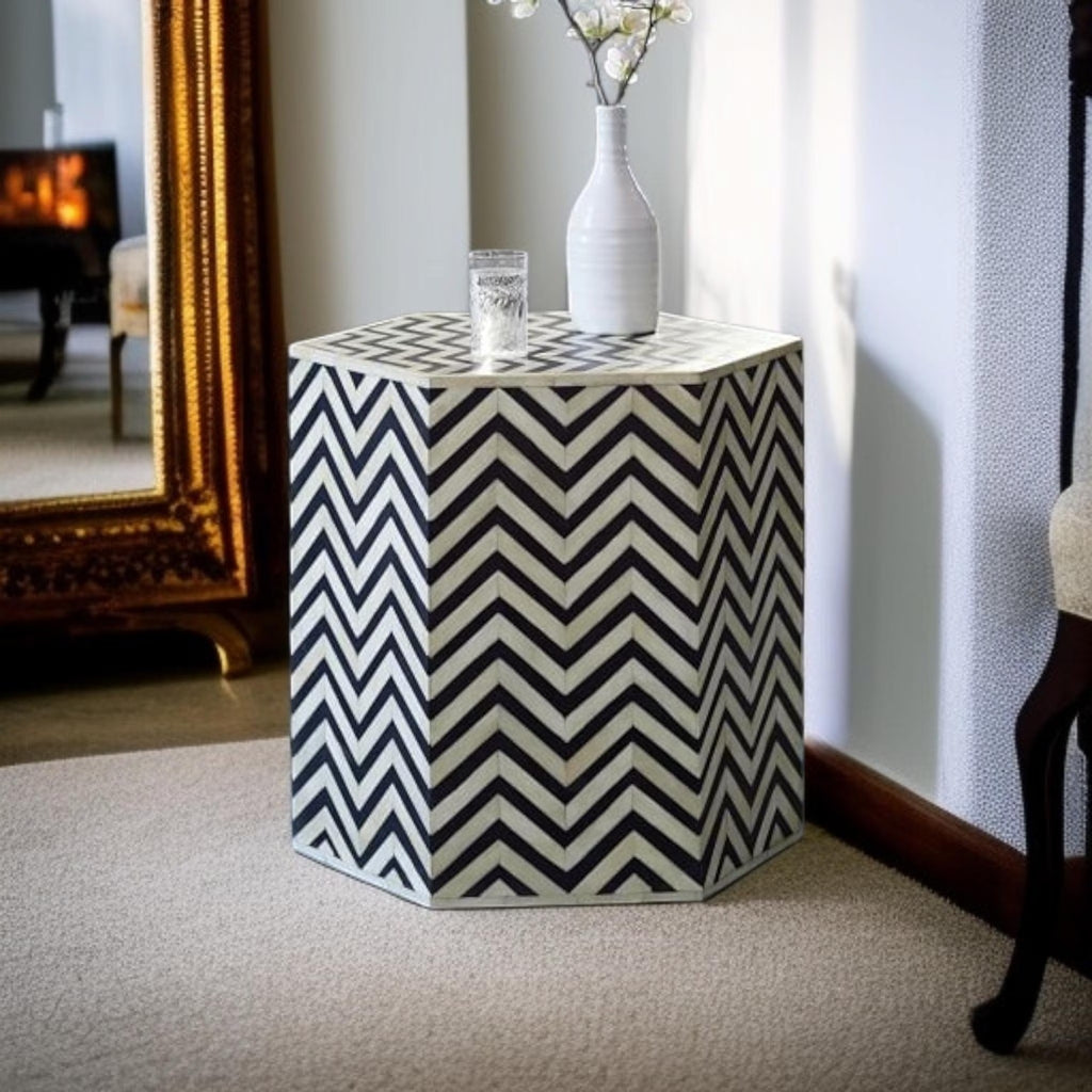 Bone Inlay End Table | Black & White Chevron Resin Side Table | Handmade Modern Accent Table for Living Room & Bedroom