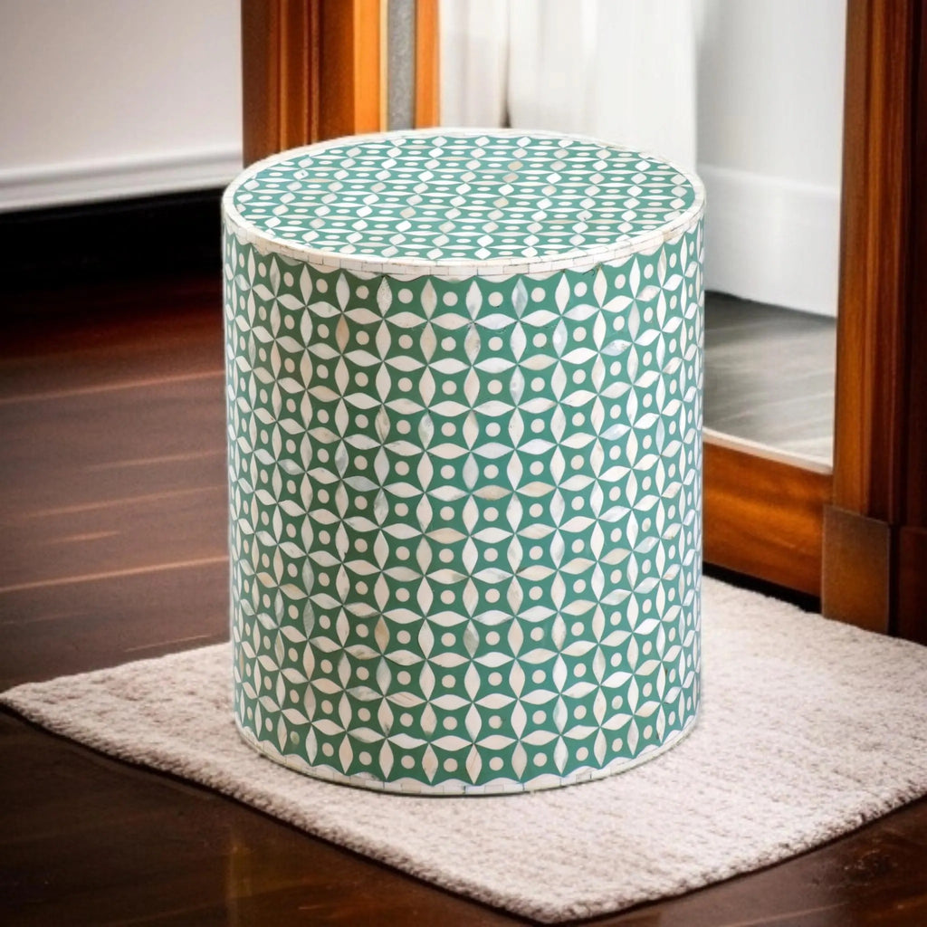 Floral Geometric Green Bone Inlay Side Table | Handmade Accent Table | Elegant Side Table for Bedroom & Living Room