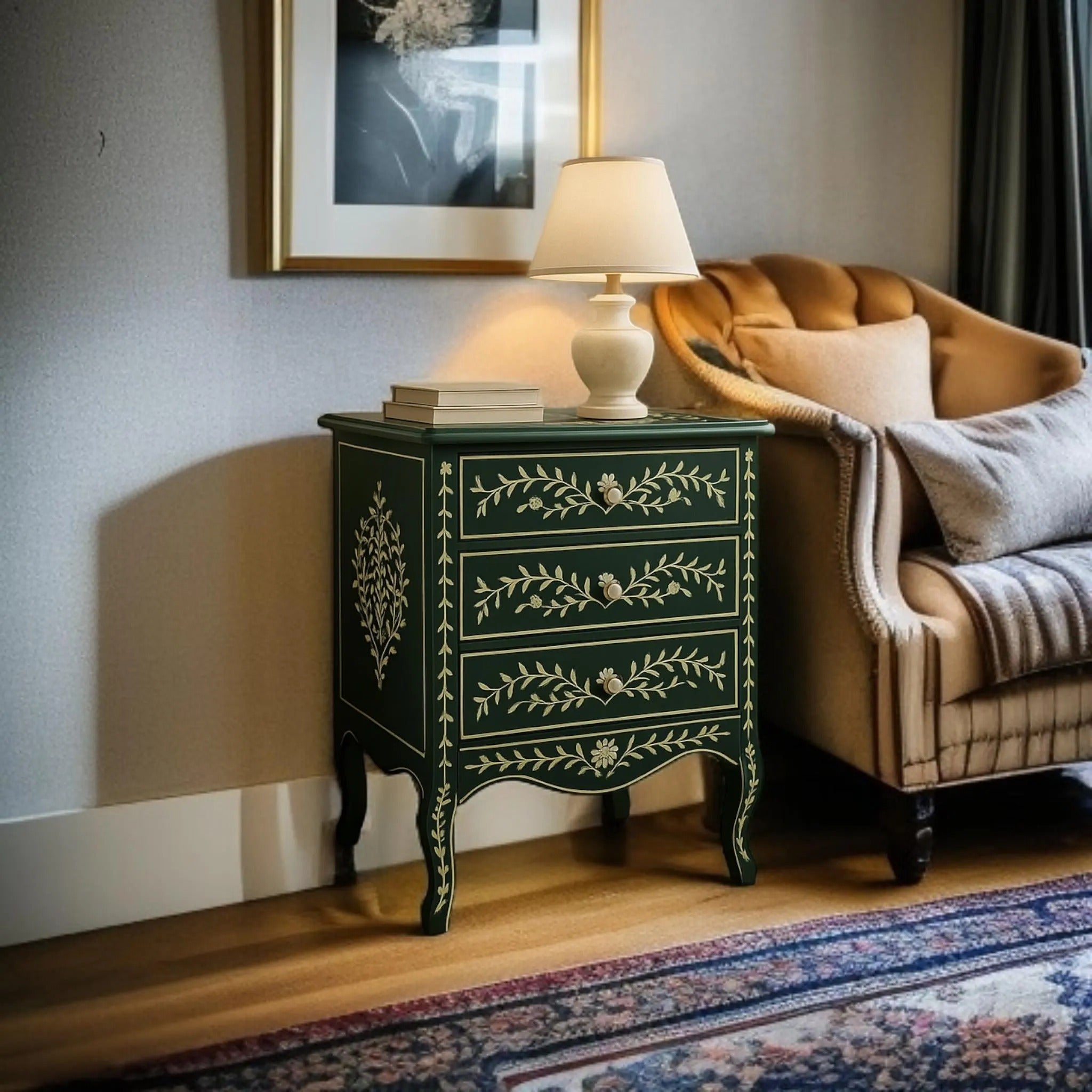 Handmade Green Bone Inlay Nightstand | Floral Resin End Table | Stylish Decorative Side Table for Modern Homes