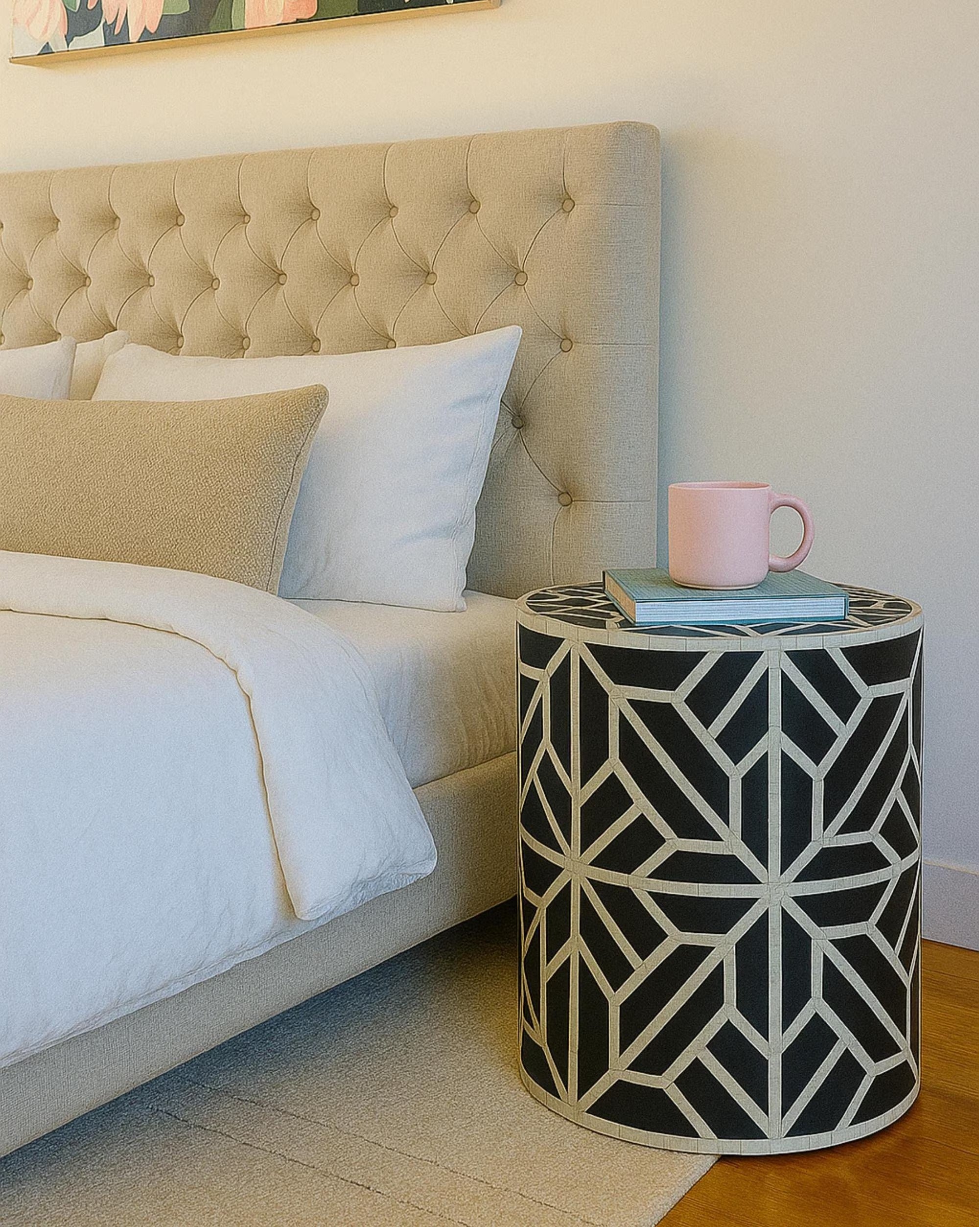 Handmade Bone Inlay Drum Table | Geometric Resin Side Table | Stylish Decorative Furniture for Living Room & Bedroom