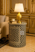 Bone Inlay Round Side Table | Geometric Accent End Table | Handmade Decorative Table for Living Room & Bedroom
