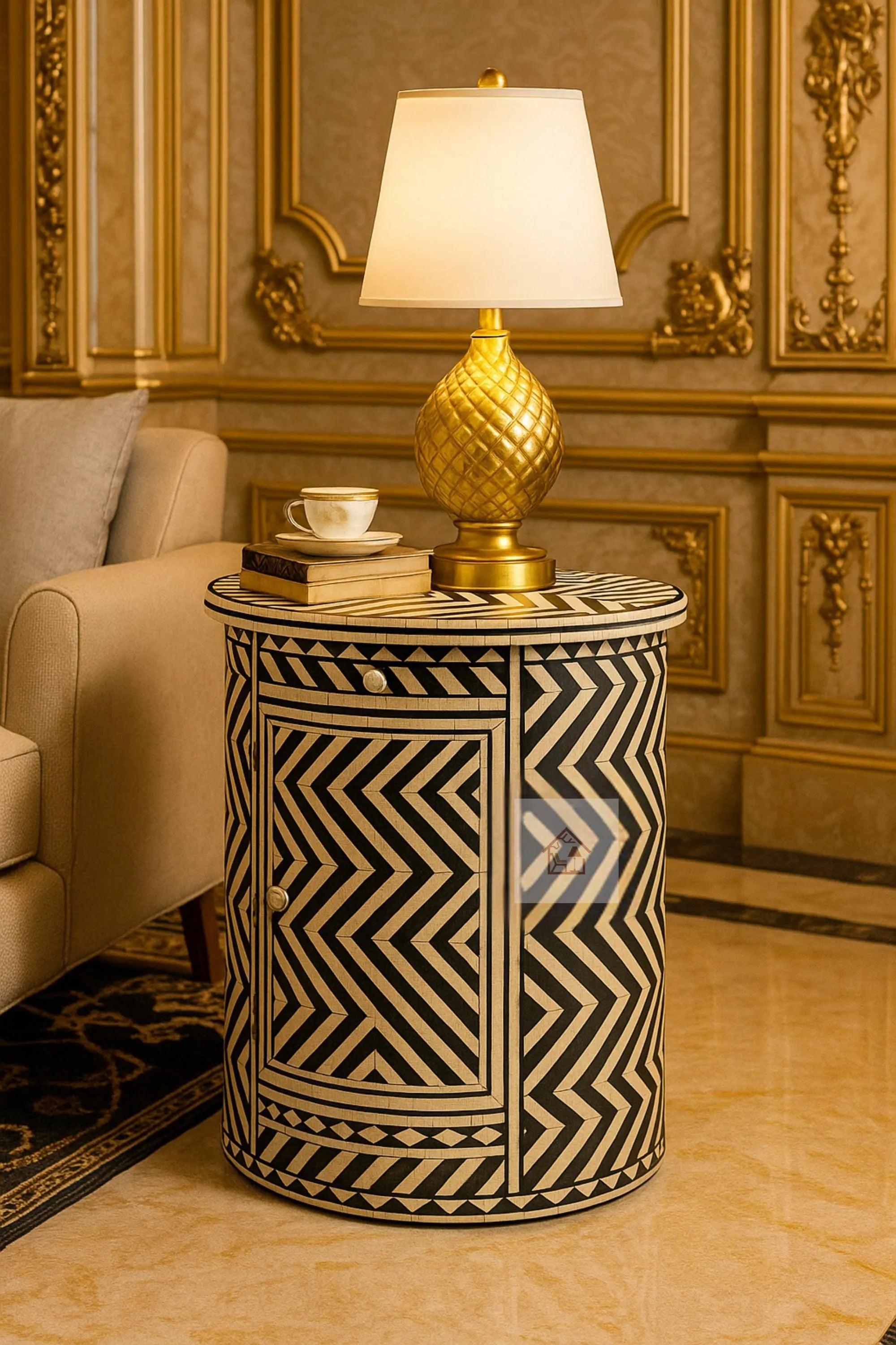 Bone Inlay Round Side Table | Geometric Accent End Table | Handmade Decorative Table for Living Room & Bedroom