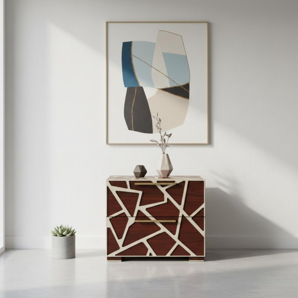 Handmade Geometric Resin Inlay Nightstand | Modern Wooden End Table | Stylish Decorative Furniture for Home Décor