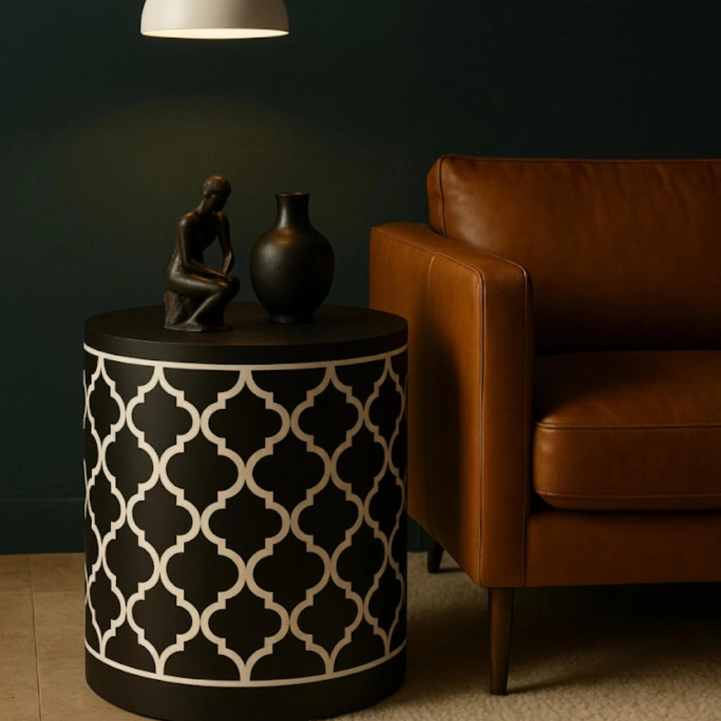 Handcrafted Bone Inlay End Table | Black & White Moroccan Side Table | Modern Decorative Furniture for Home Décor