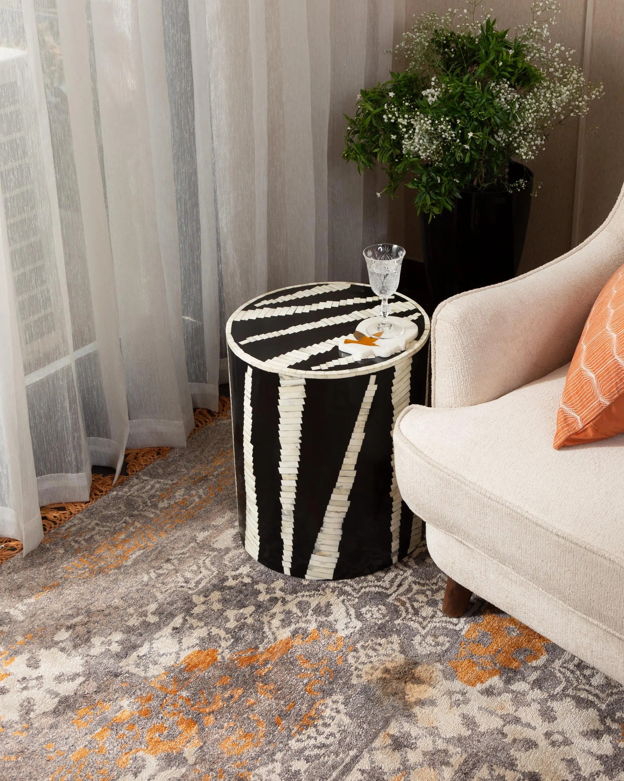 Bone and Resin Inlay End Table | Handmade Decorative Accent Table | Elegant Side Table for Bedroom & Living Room