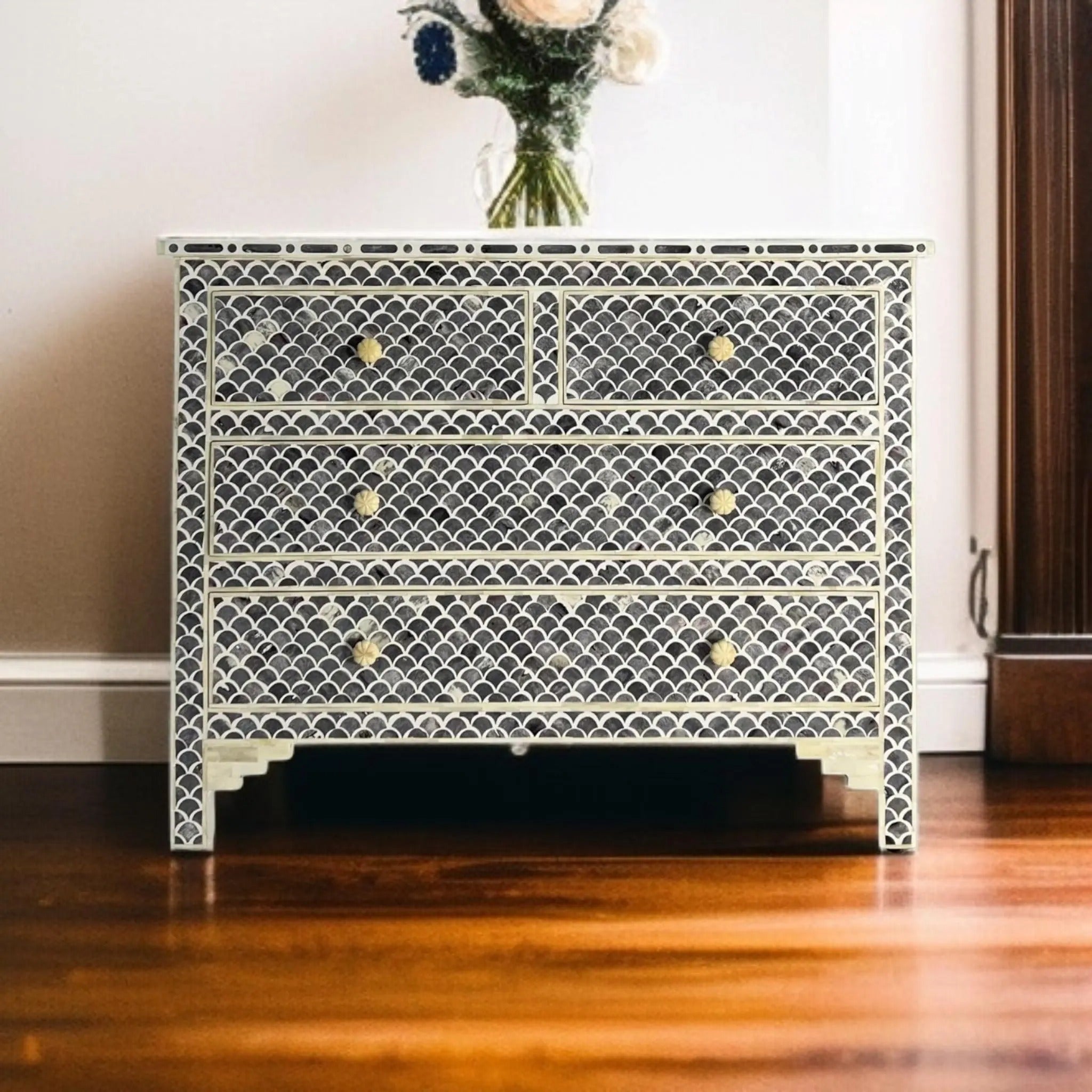 Handmade Bone Inlay Dresser in Black & White | Stylish Resin Chest of Drawers | Designer Inlay Storage Cabinet