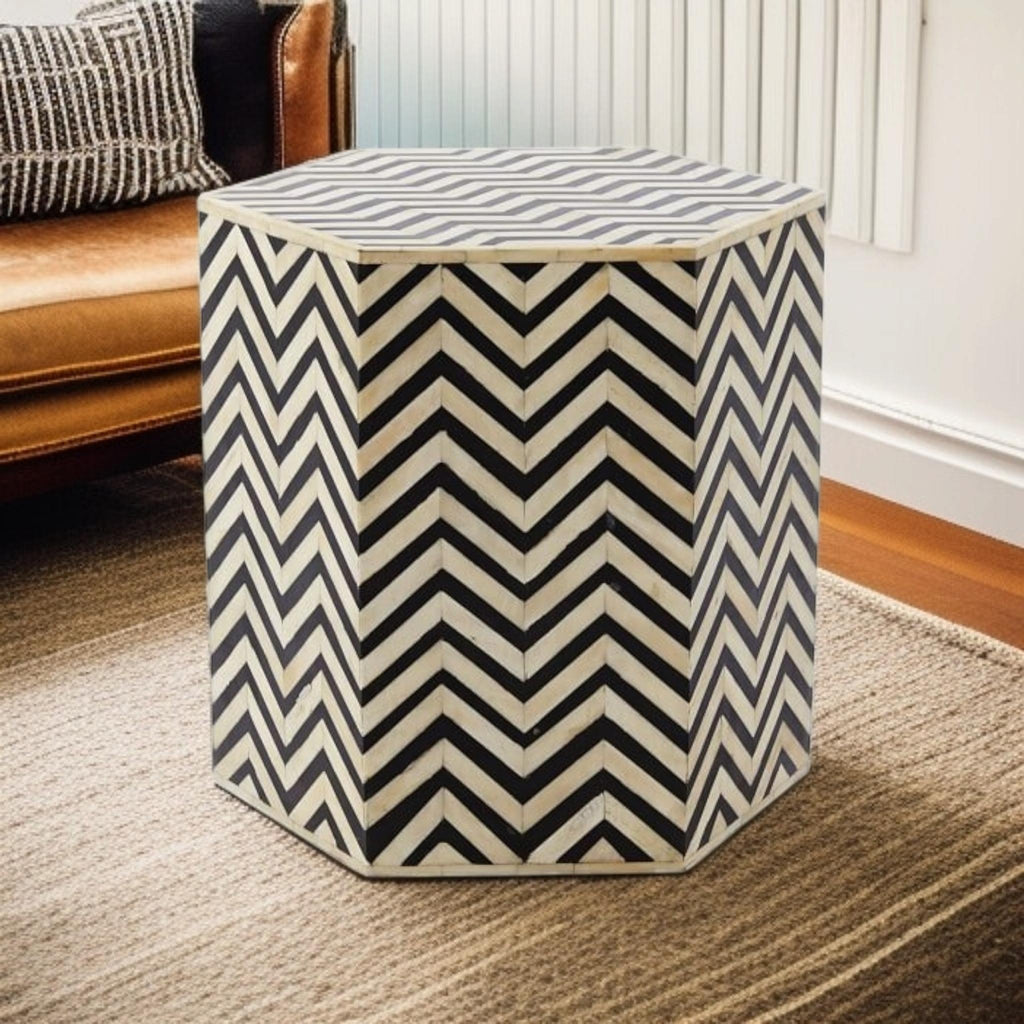 Bone Inlay End Table | Black & White Chevron Resin Side Table | Handmade Modern Accent Table for Living Room & Bedroom