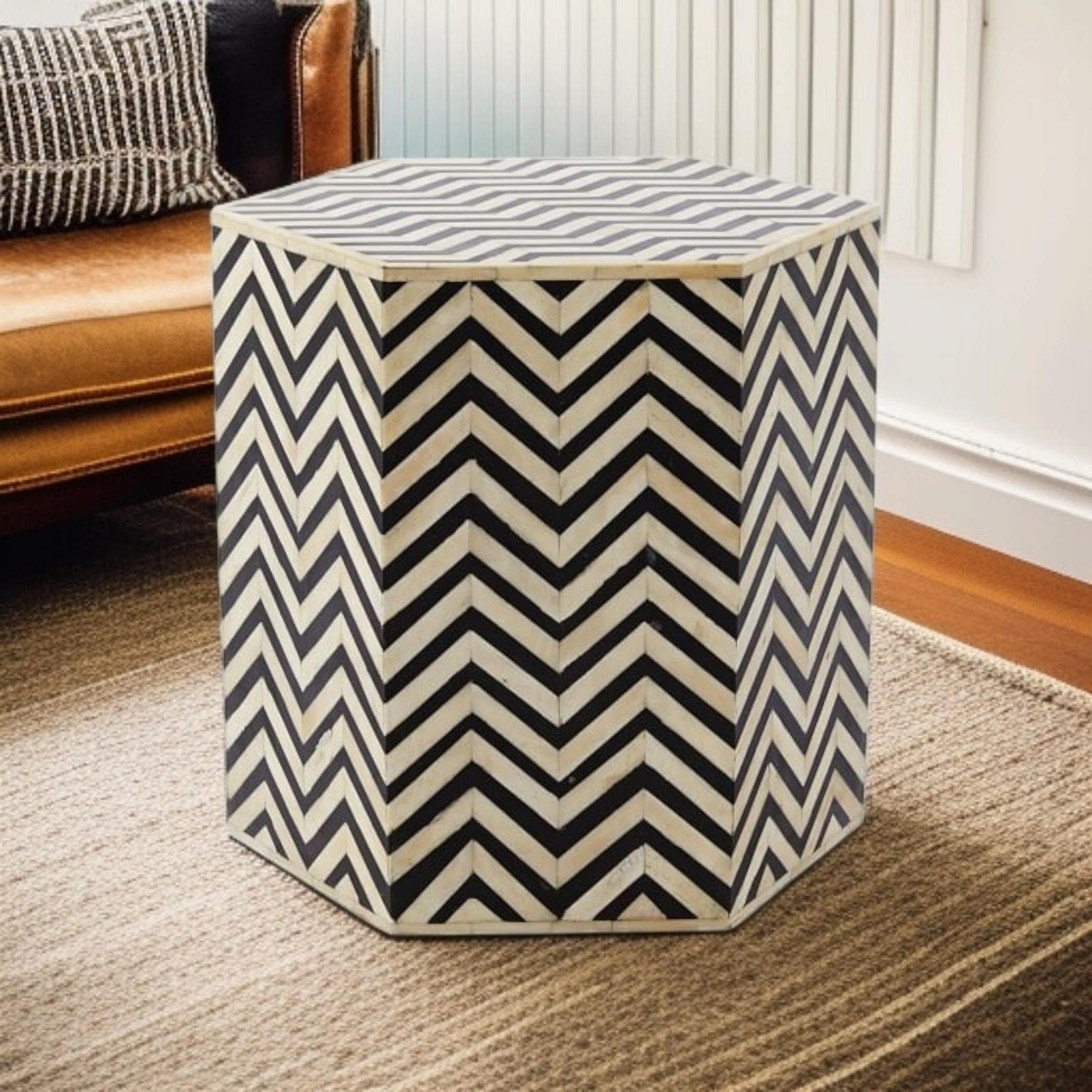 Bone Inlay End Table | Black & White Chevron Resin Side Table | Handmade Modern Accent Table for Living Room & Bedroom