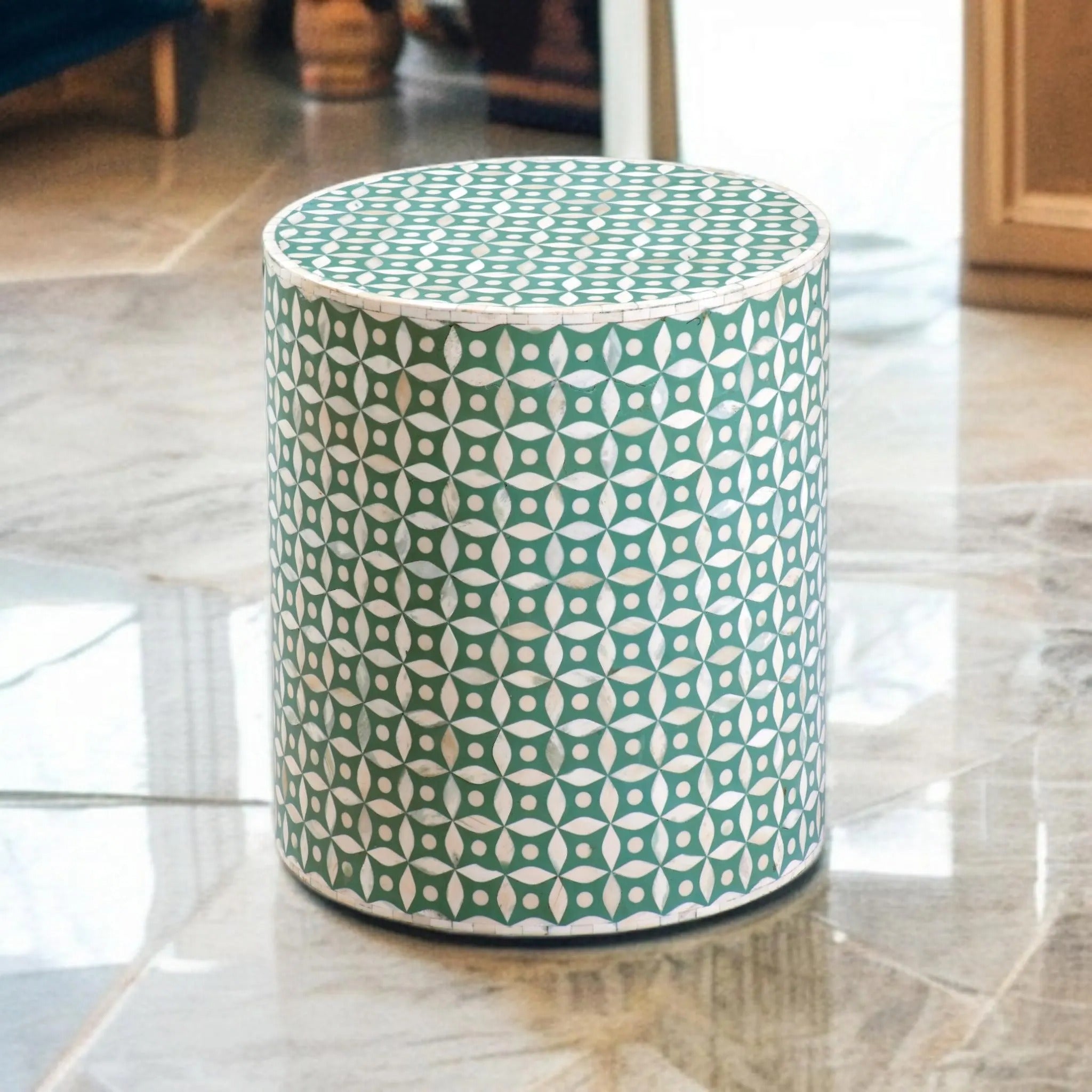 Floral Geometric Green Bone Inlay Side Table | Handmade Accent Table | Elegant Side Table for Bedroom & Living Room