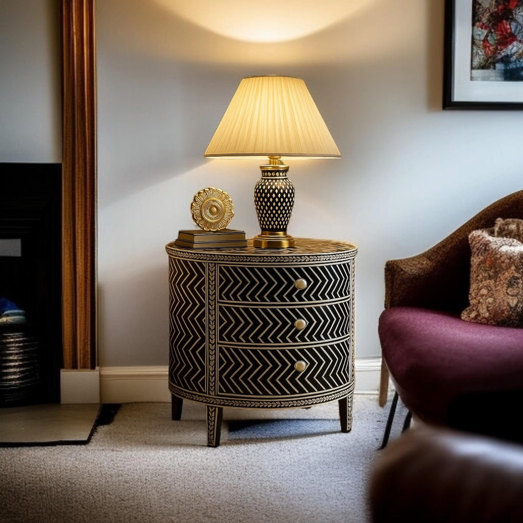 Handmade Bone Inlay Nightstand | Chevron Pattern Accent Table with 3 Drawers | Stylish Decorative Furniture for Modern Homes