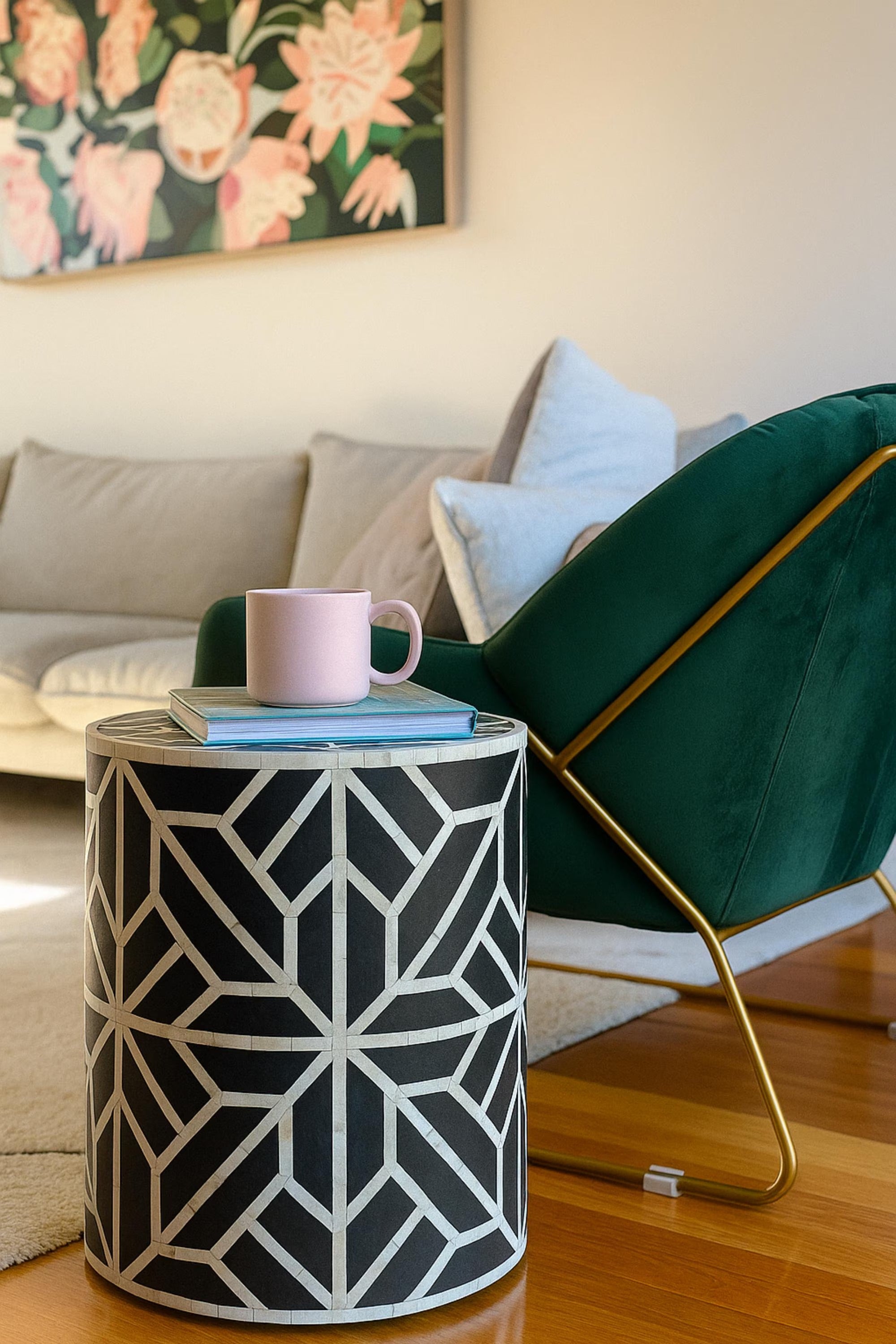 Handmade Bone Inlay Drum Table | Geometric Resin Side Table | Stylish Decorative Furniture for Living Room & Bedroom