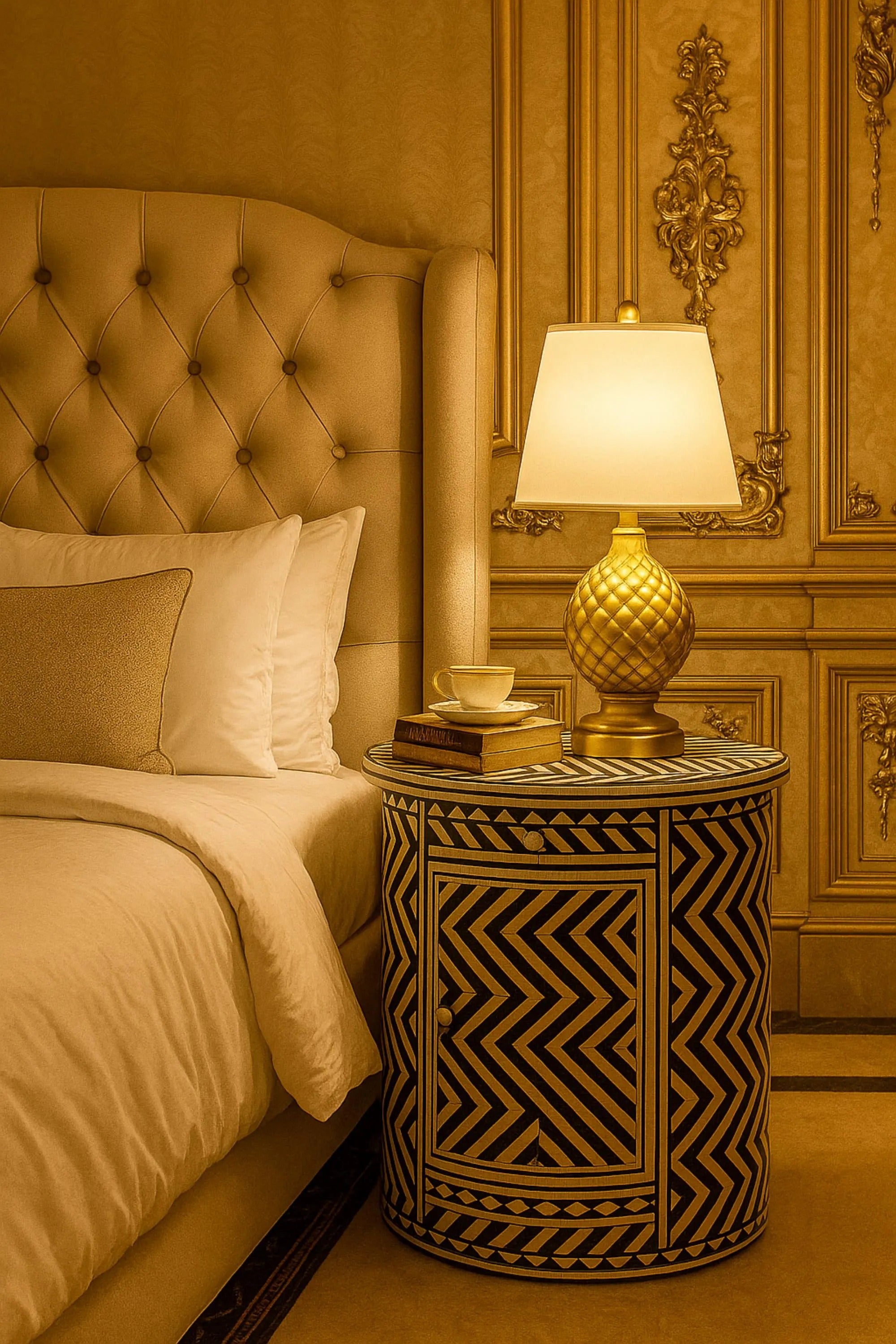 Bone Inlay Round Side Table | Geometric Accent End Table | Handmade Decorative Table for Living Room & Bedroom