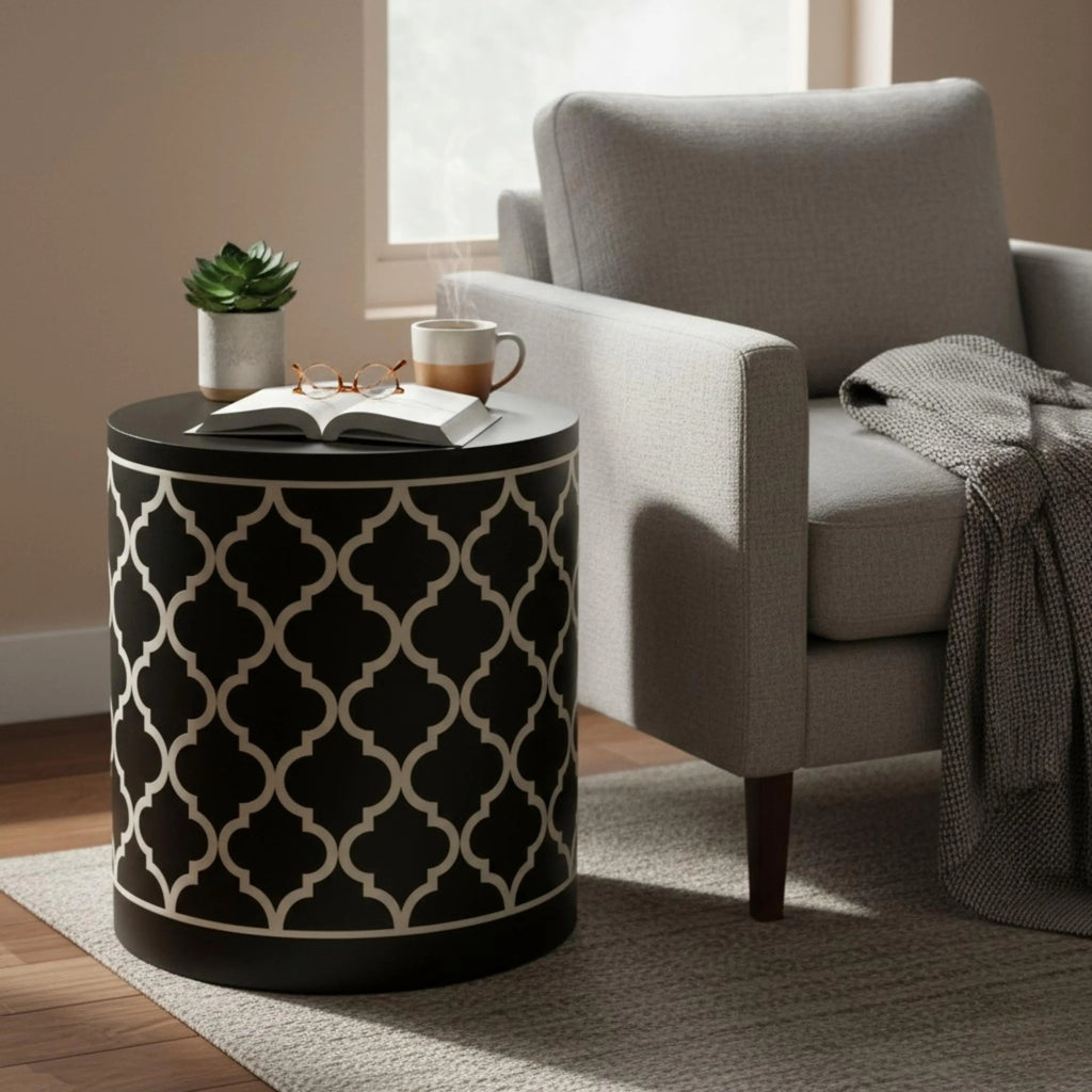 Handcrafted Bone Inlay End Table | Black & White Moroccan Side Table | Modern Decorative Furniture for Home Décor