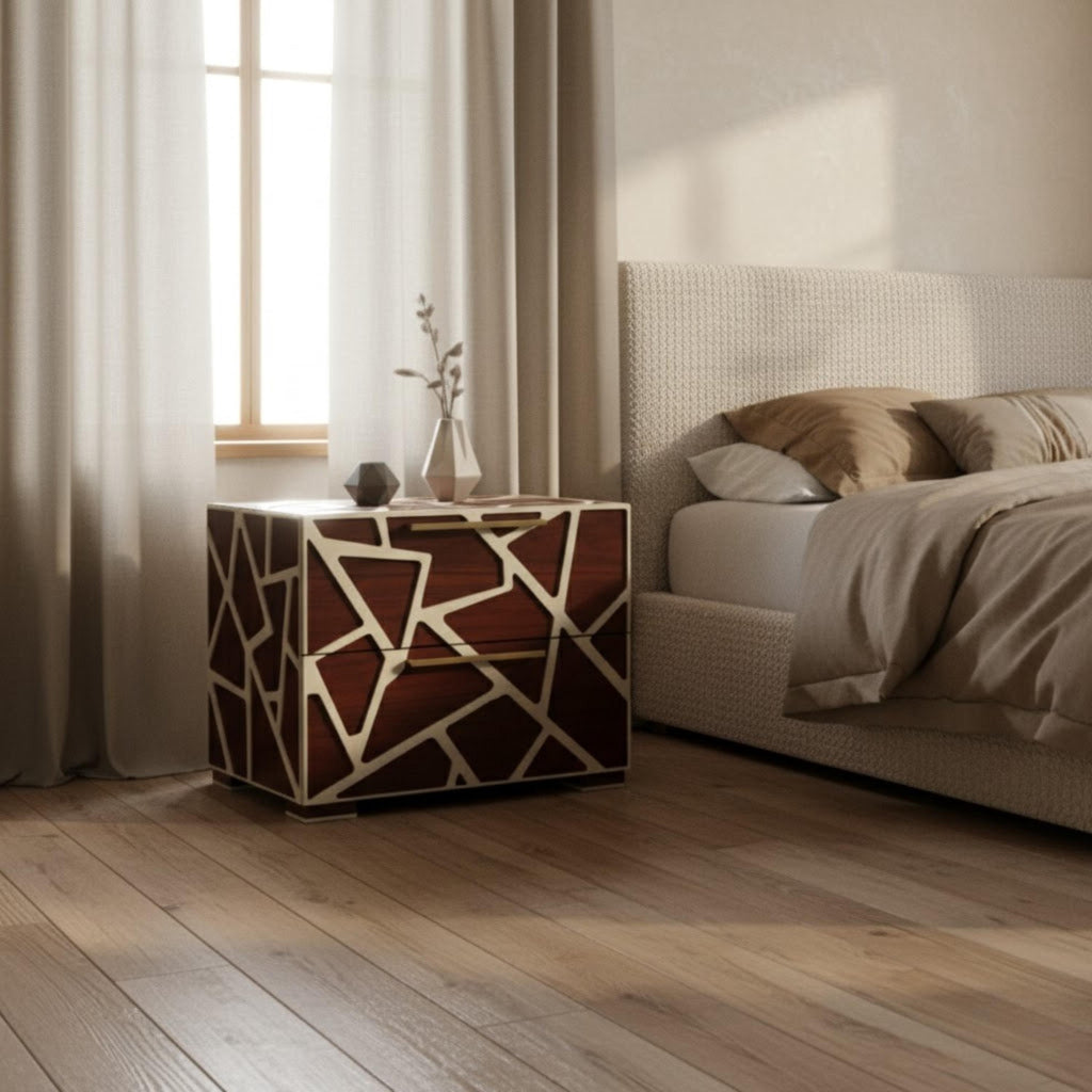 Handmade Geometric Resin Inlay Nightstand | Modern Wooden End Table | Stylish Decorative Furniture for Home Décor