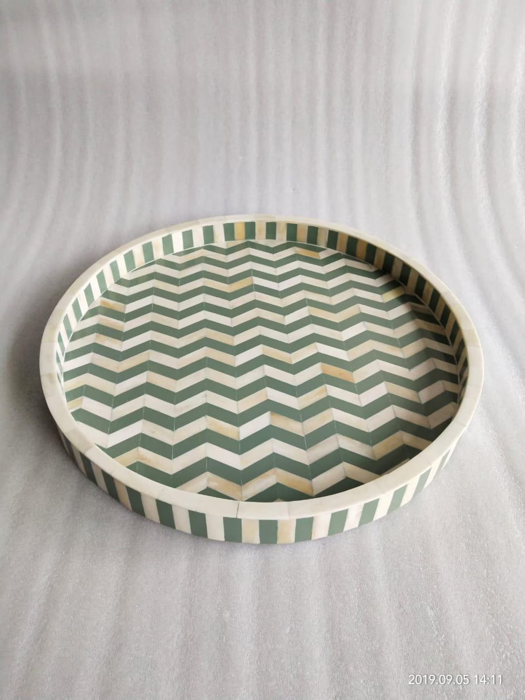 Handcrafted Bone Inlay Serving Tray | Black & White Chevron Resin Design | Stylish Decorative Table Tray