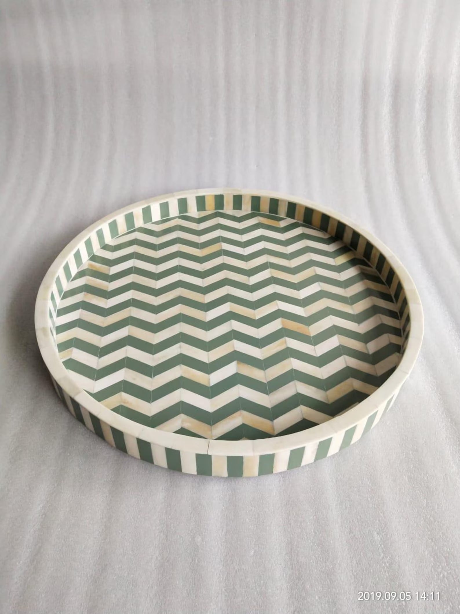 Handcrafted Bone Inlay Serving Tray | Black & White Chevron Resin Design | Stylish Decorative Table Tray